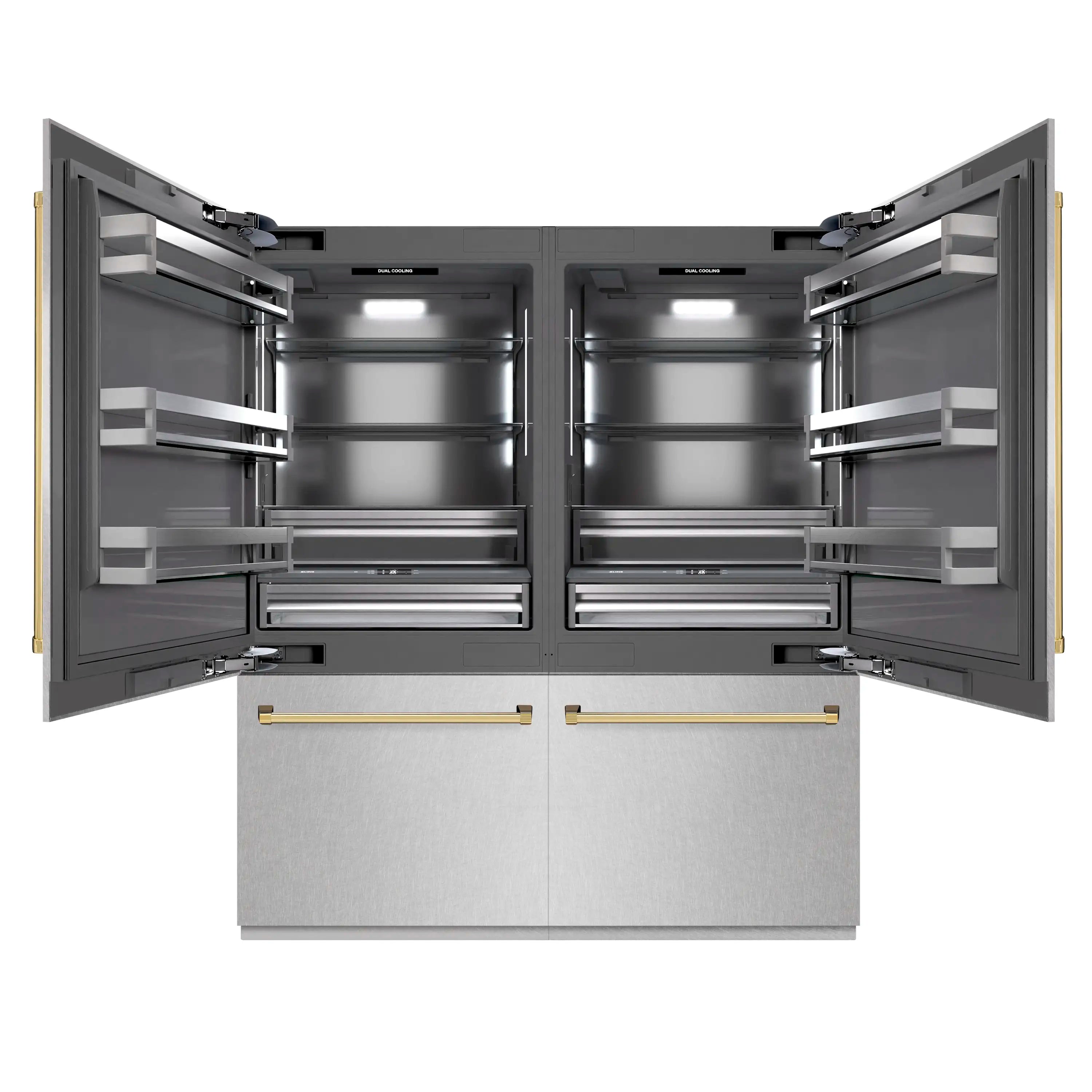 Open refrigerator with twin French doors, interior shelves, and bright overhead lighting