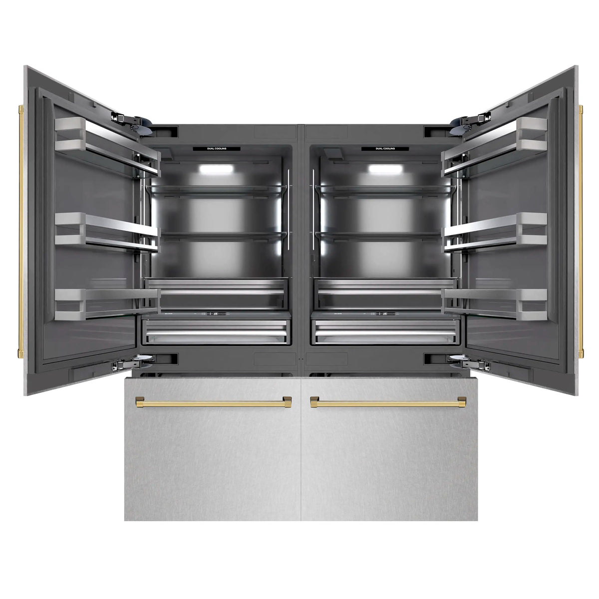 Open refrigerator interior with adjustable shelves on both sides and gold handle accents