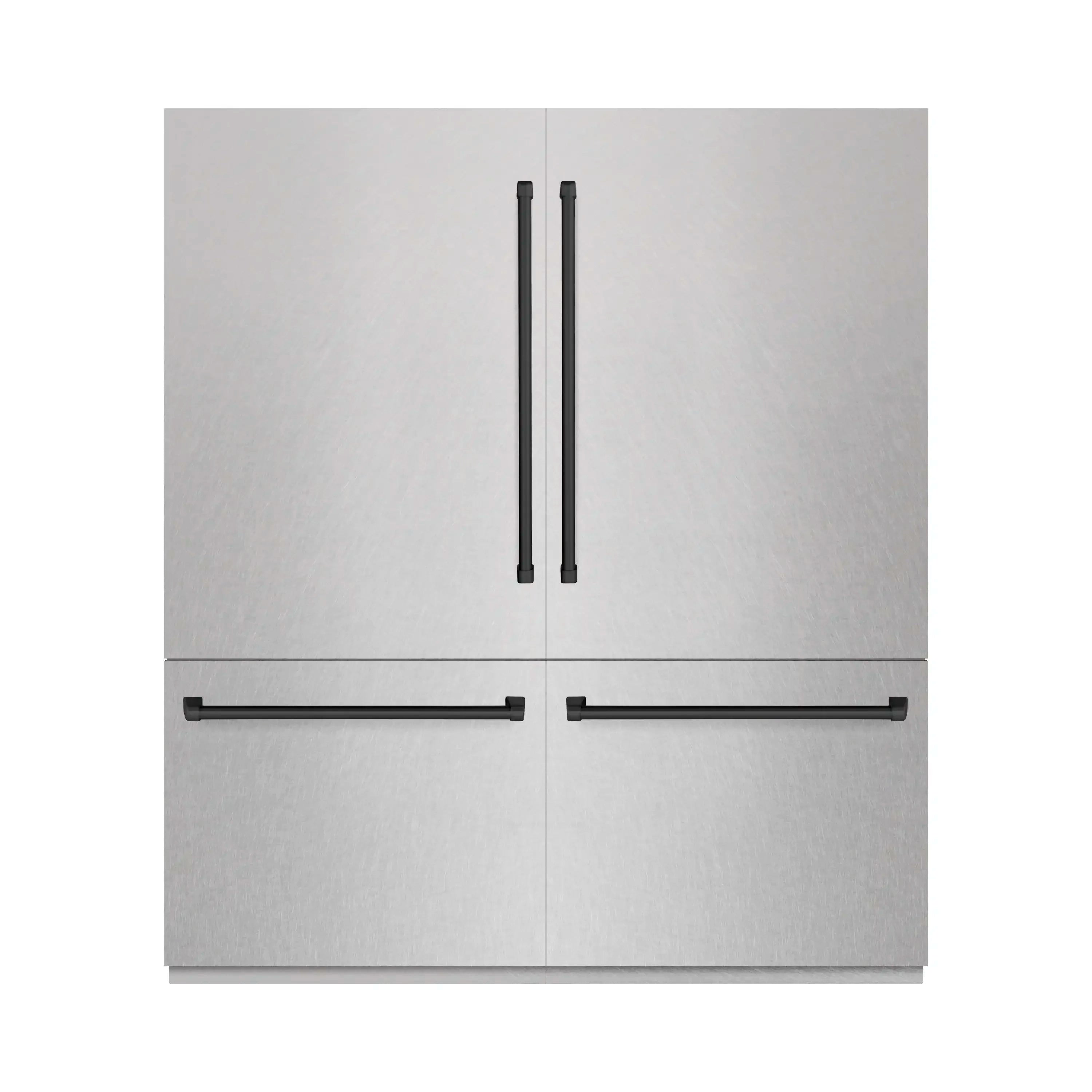 Satin stainless steel French door refrigerator with integrated long bar handles