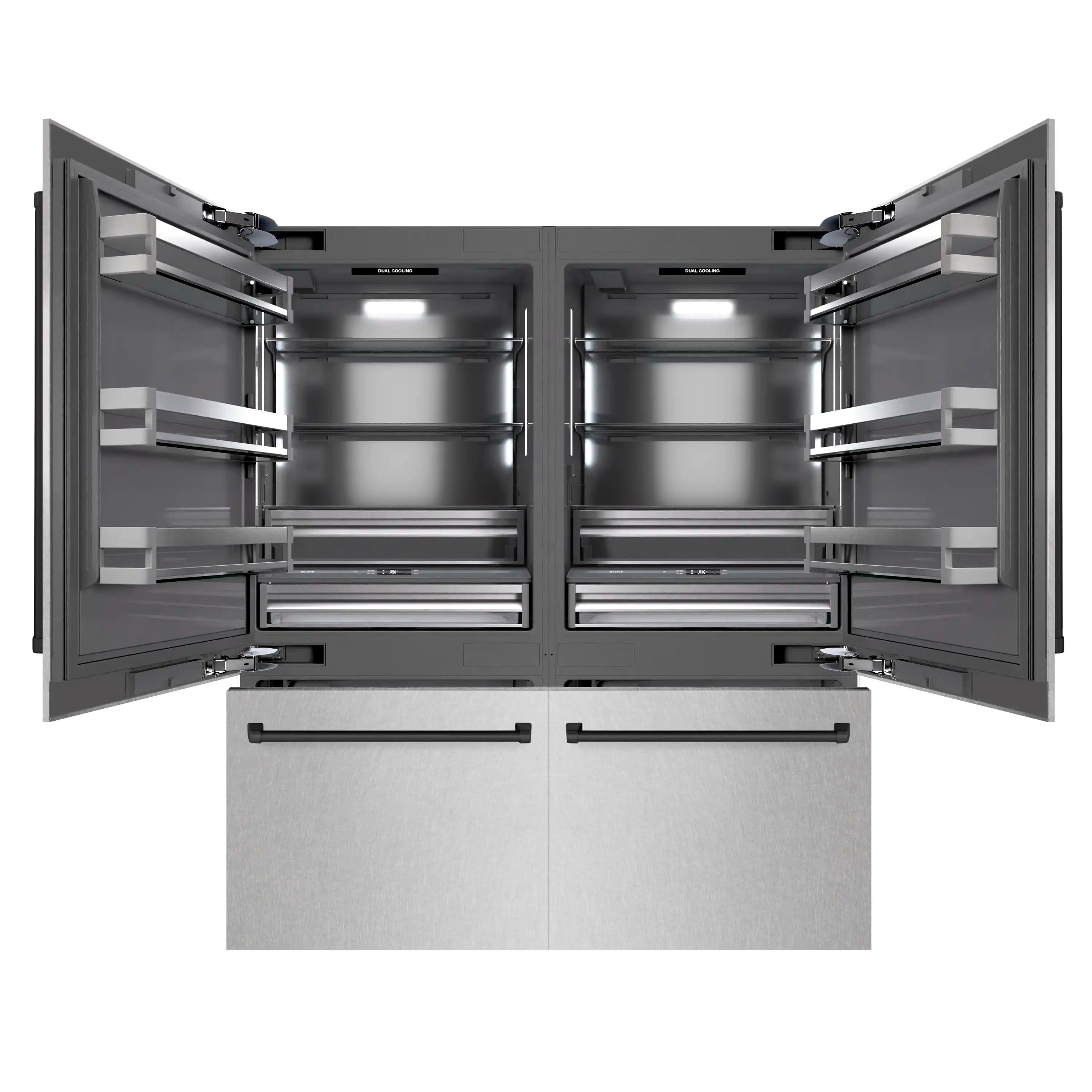French door refrigerator with doors open, showing shelves and drawers in the interior