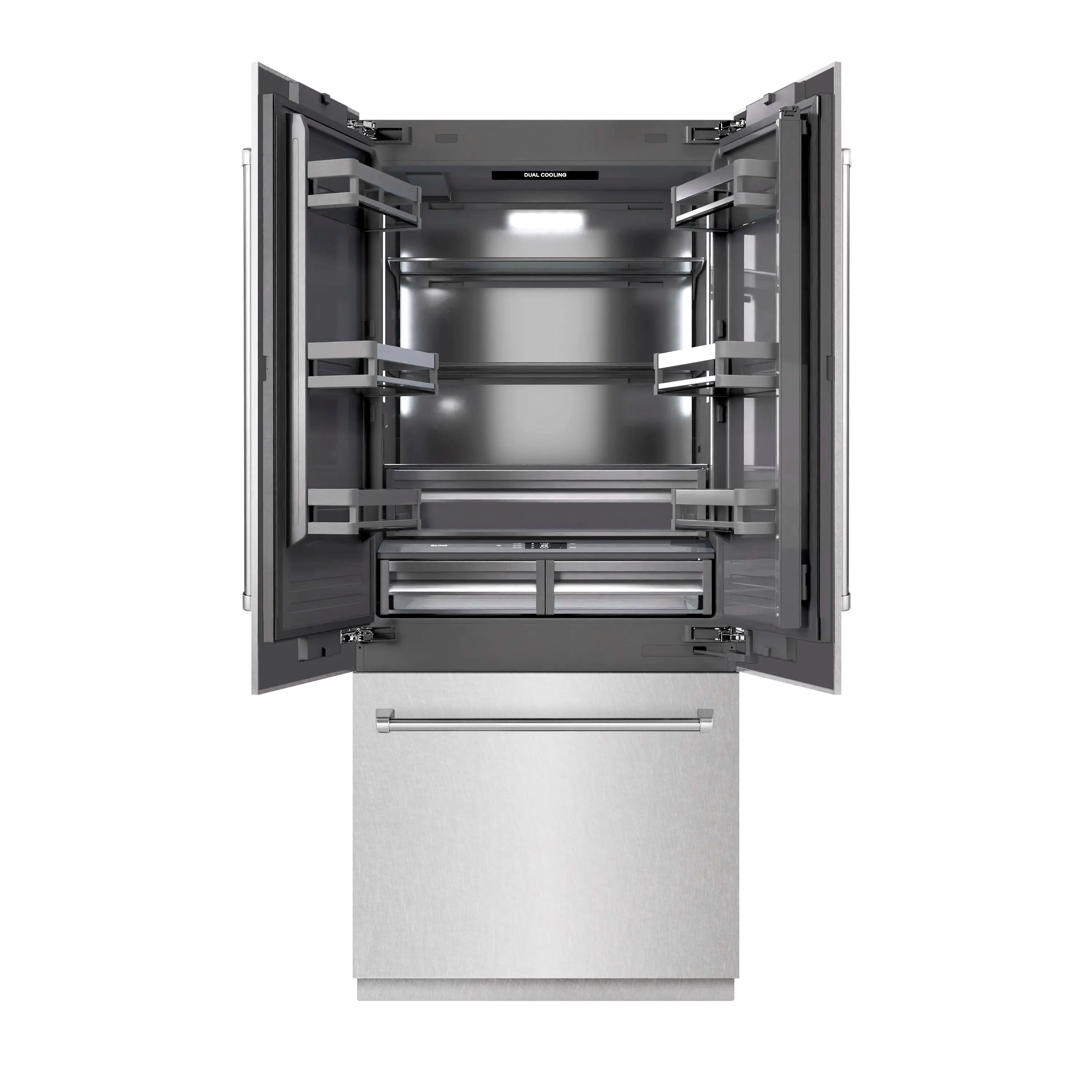 Built-in French-door refrigerator shown open, gray interior shelves and bottom freezer drawer