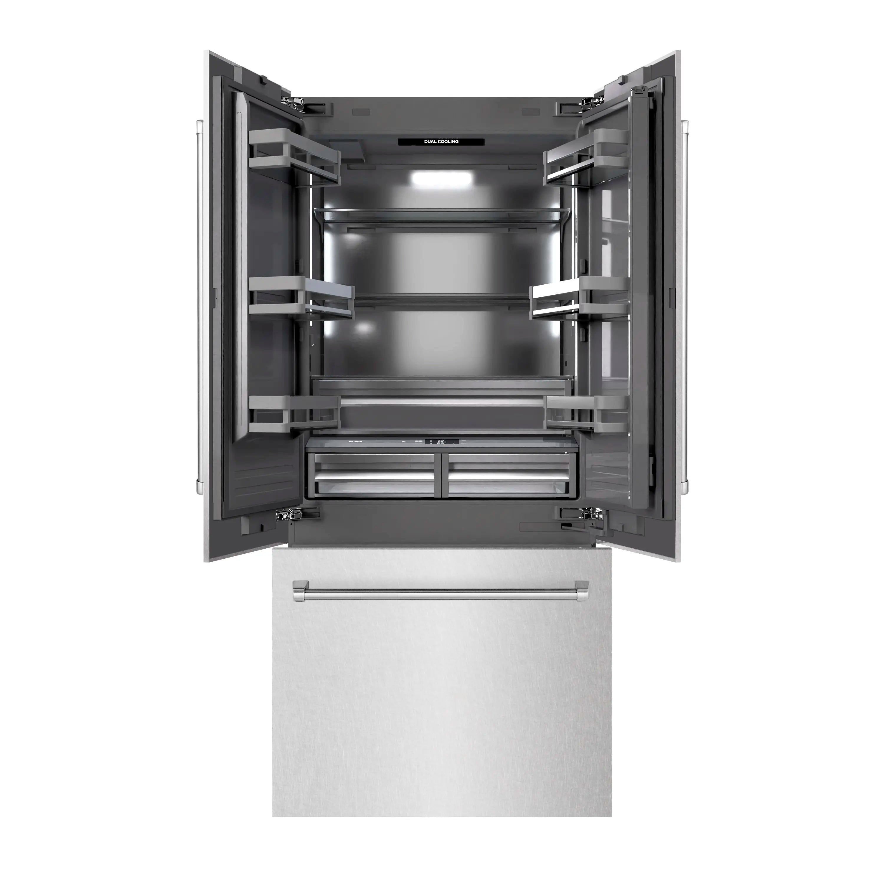 Built-in refrigerator with French doors open, gray interior shelves and freezer drawer