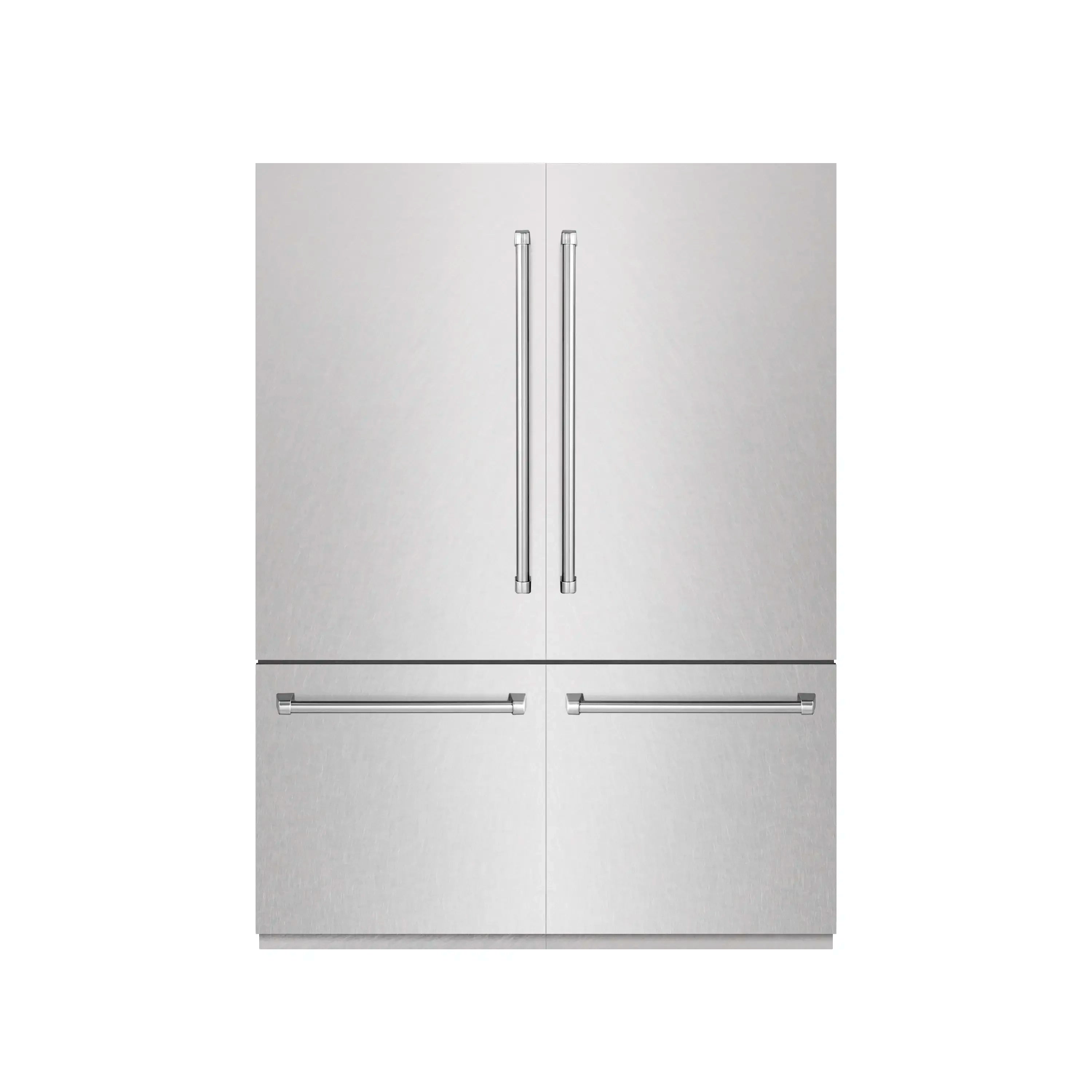 Built-in French door refrigerator, satin stainless steel exterior with dual handles.