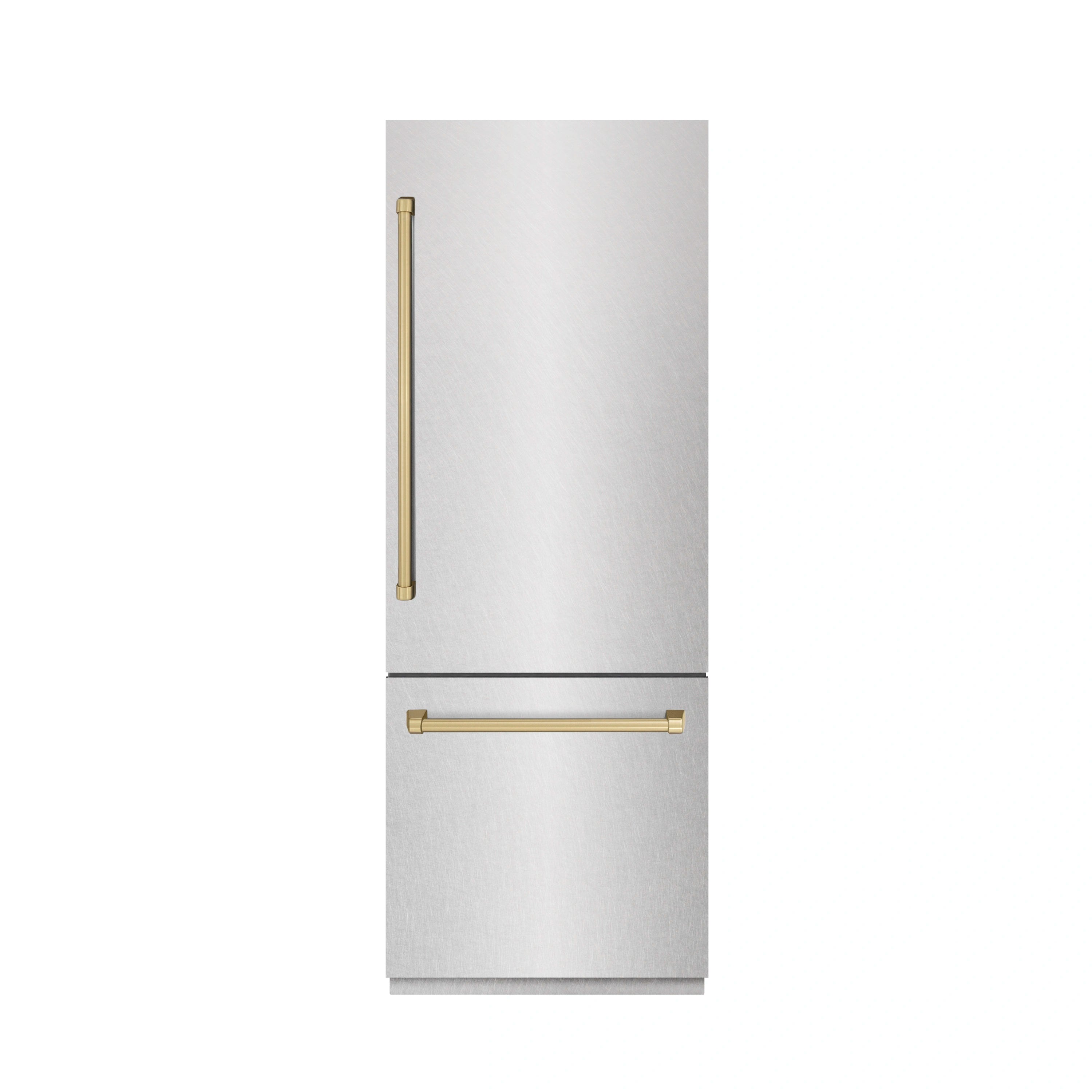 Built-in bottom freezer refrigerator in satin stainless steel with graphite interior
