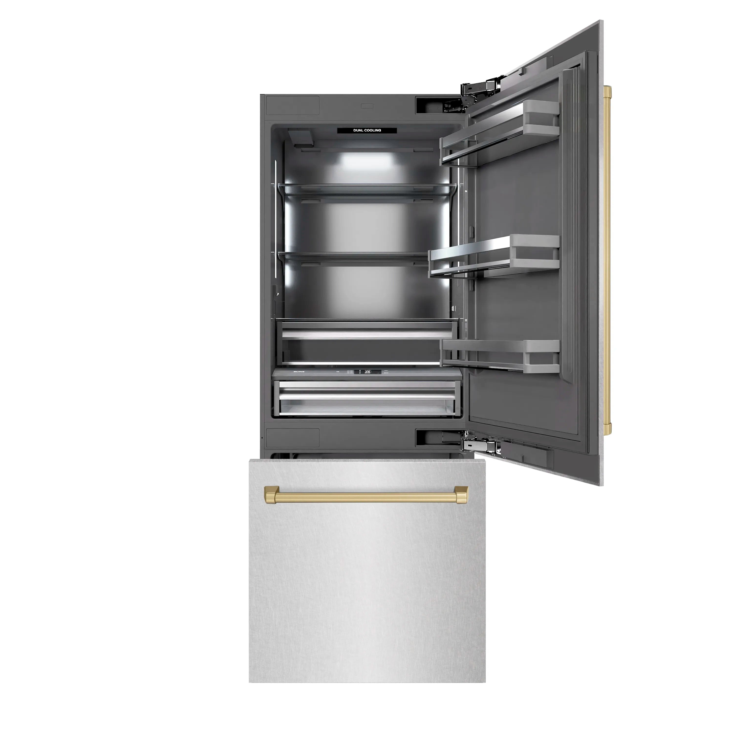 Refrigerator with open bottom freezer door and slide-out drawers