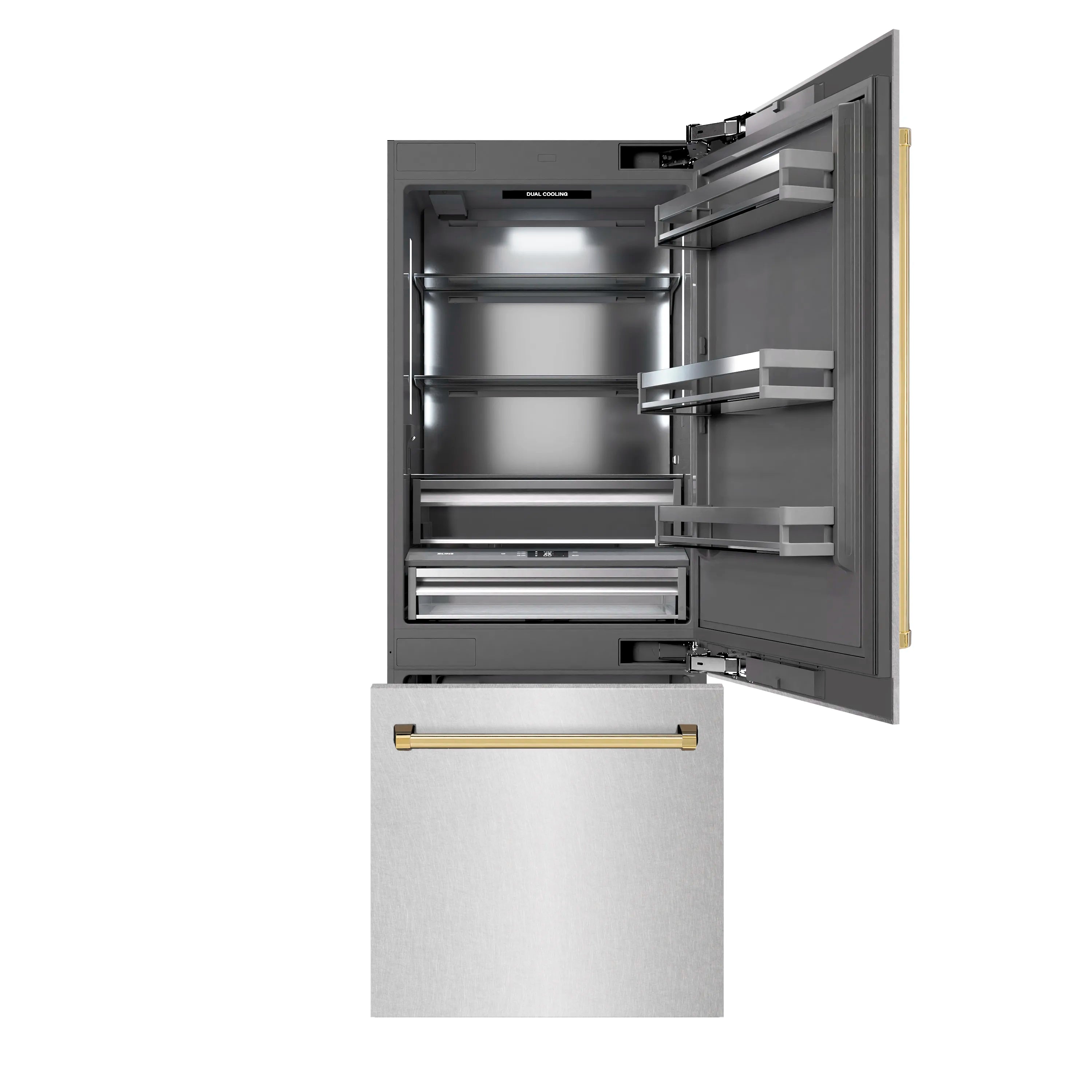 Built-in refrigerator with open freezer compartment and slide-out drawer with gold accent trim