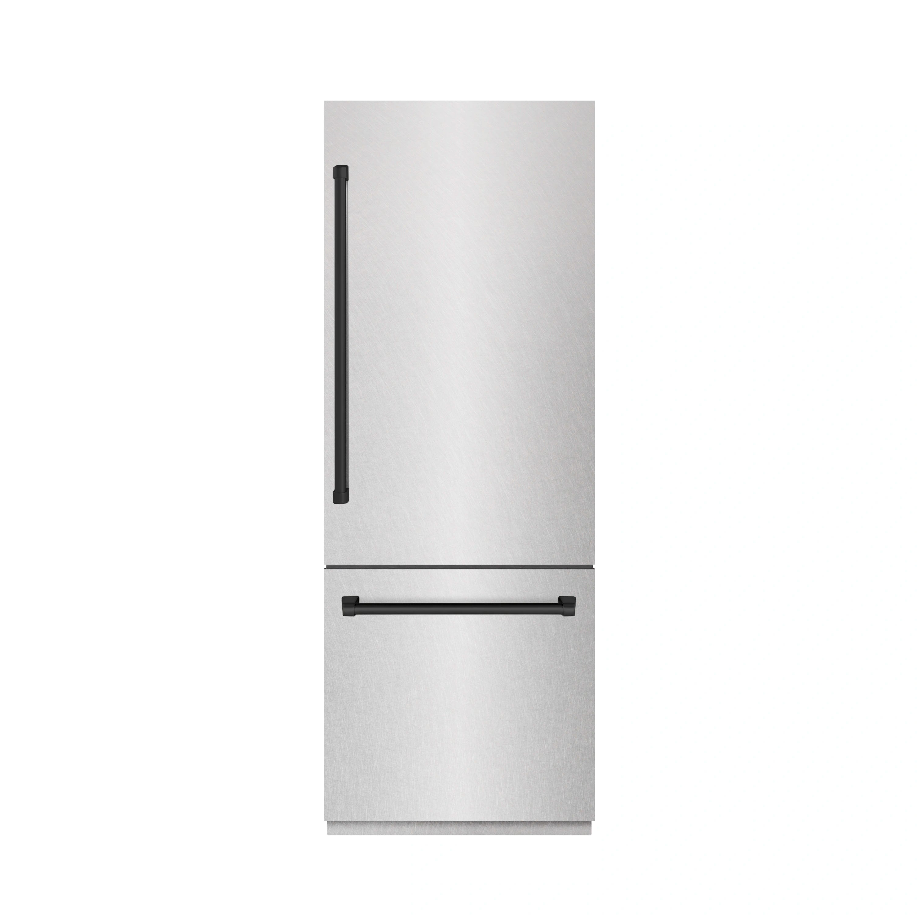 Satin stainless steel built-in refrigerator with bottom freezer and horizontal handle.