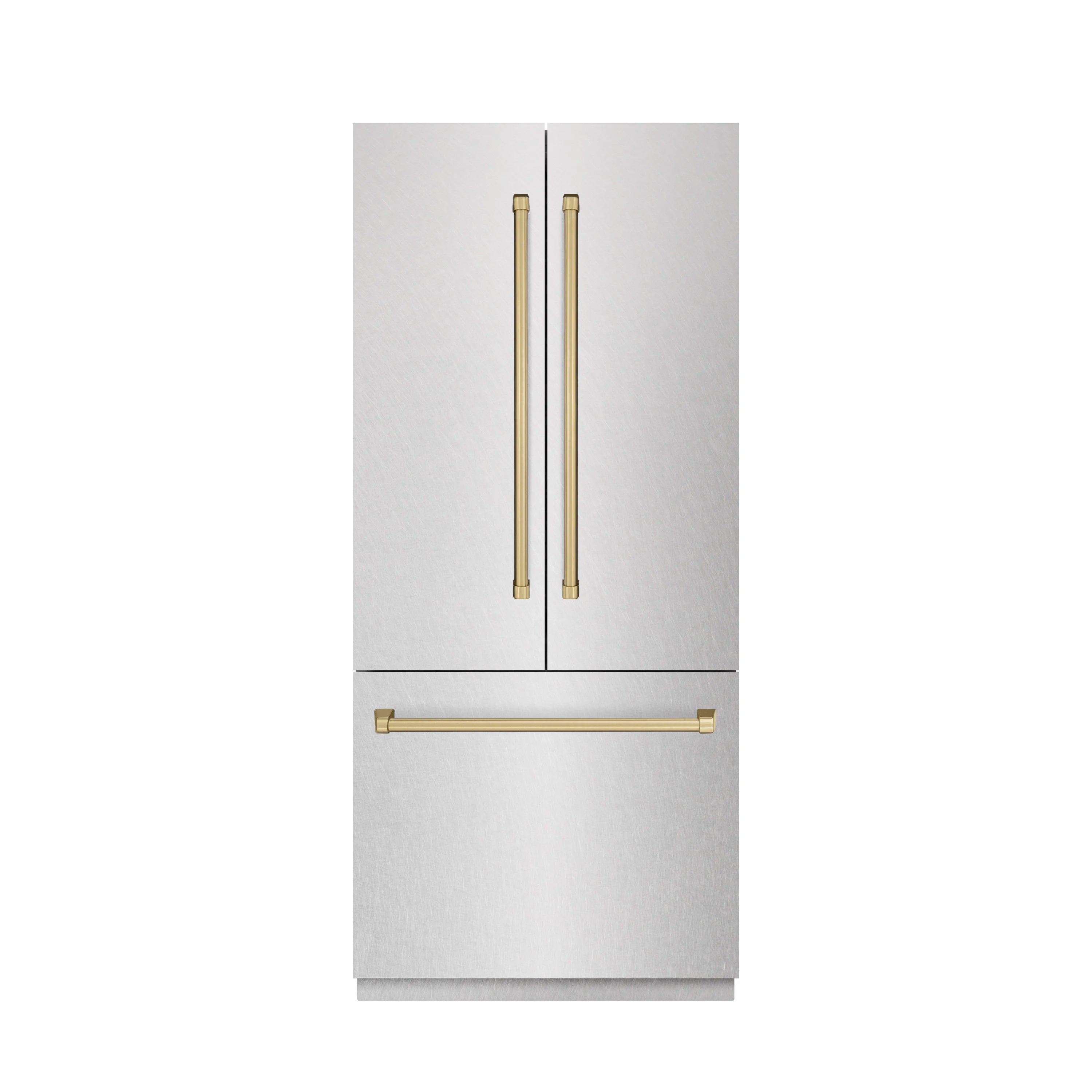 French door refrigerator with satin stainless exterior and champagne bronze vertical handles