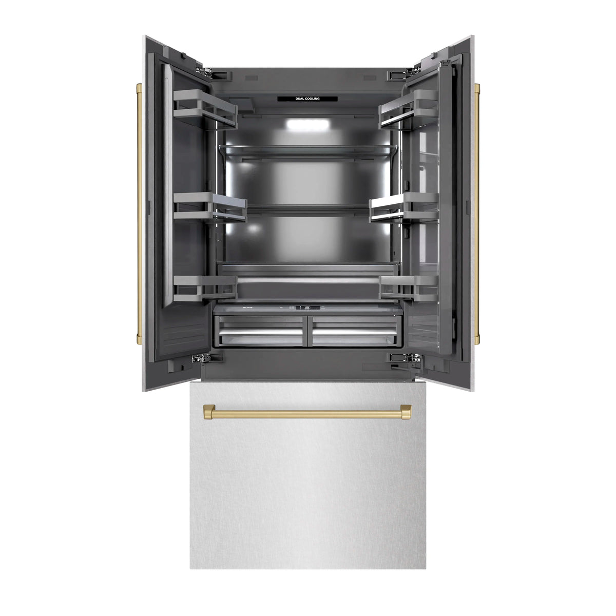 Open refrigerator interior with adjustable shelves, drawers, and LED lighting