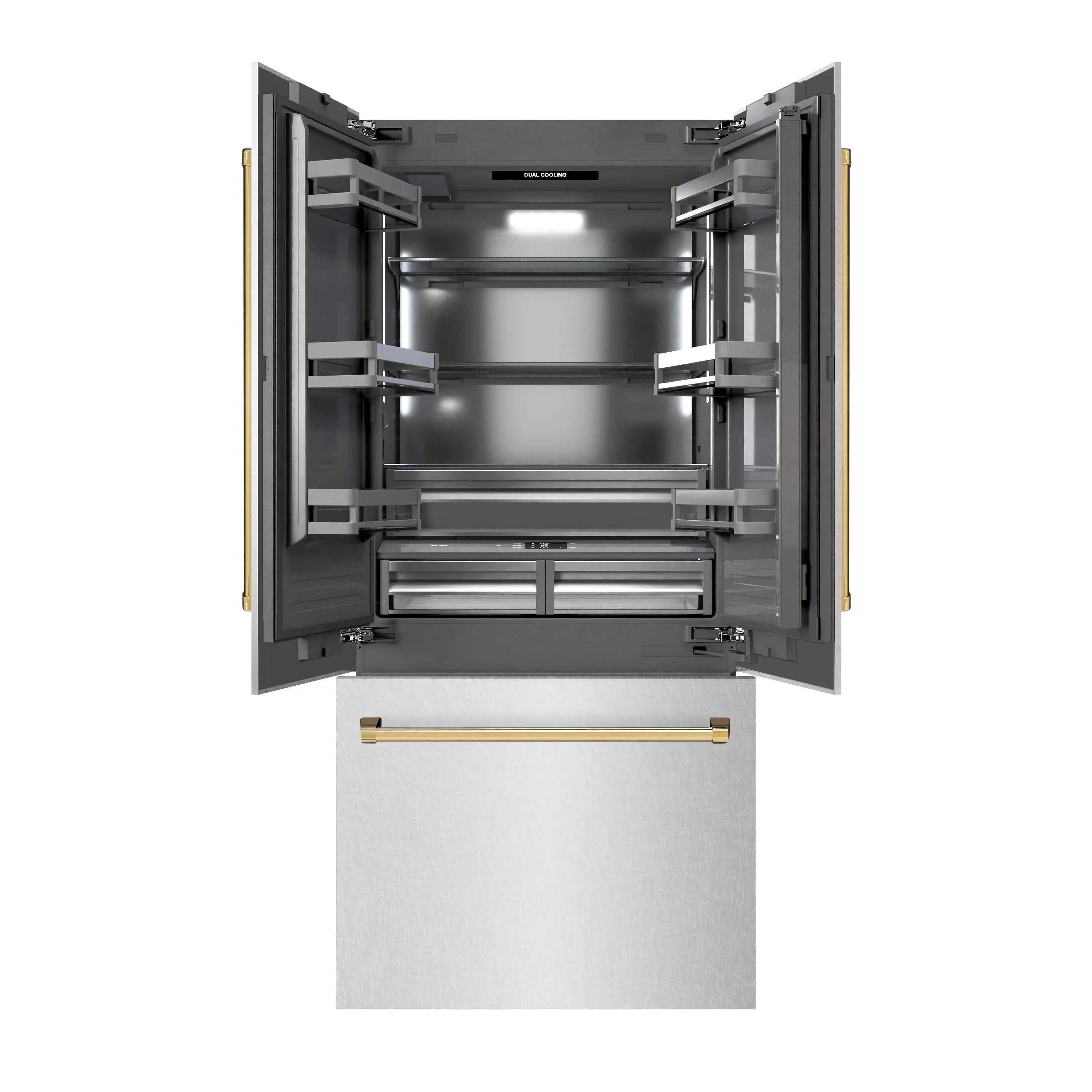 Built-in French door refrigerator with open doors, gray interior shelves, and lower drawer