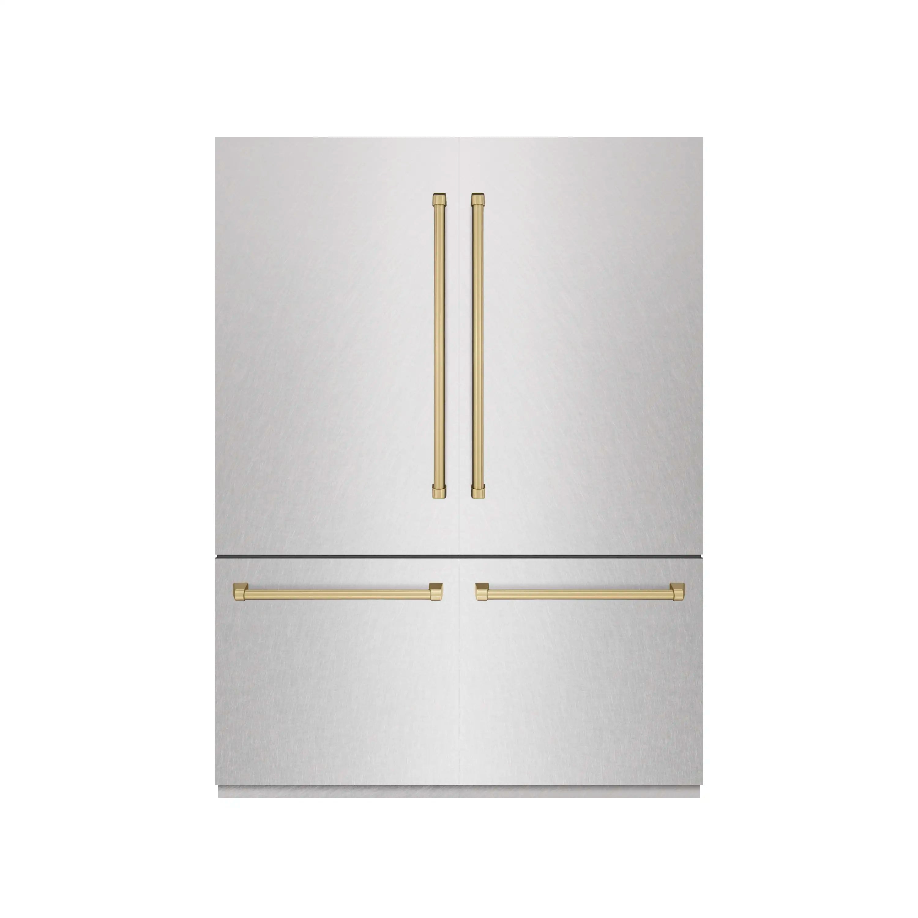 Satin stainless refrigerator with two doors and champagne bronze handle bars