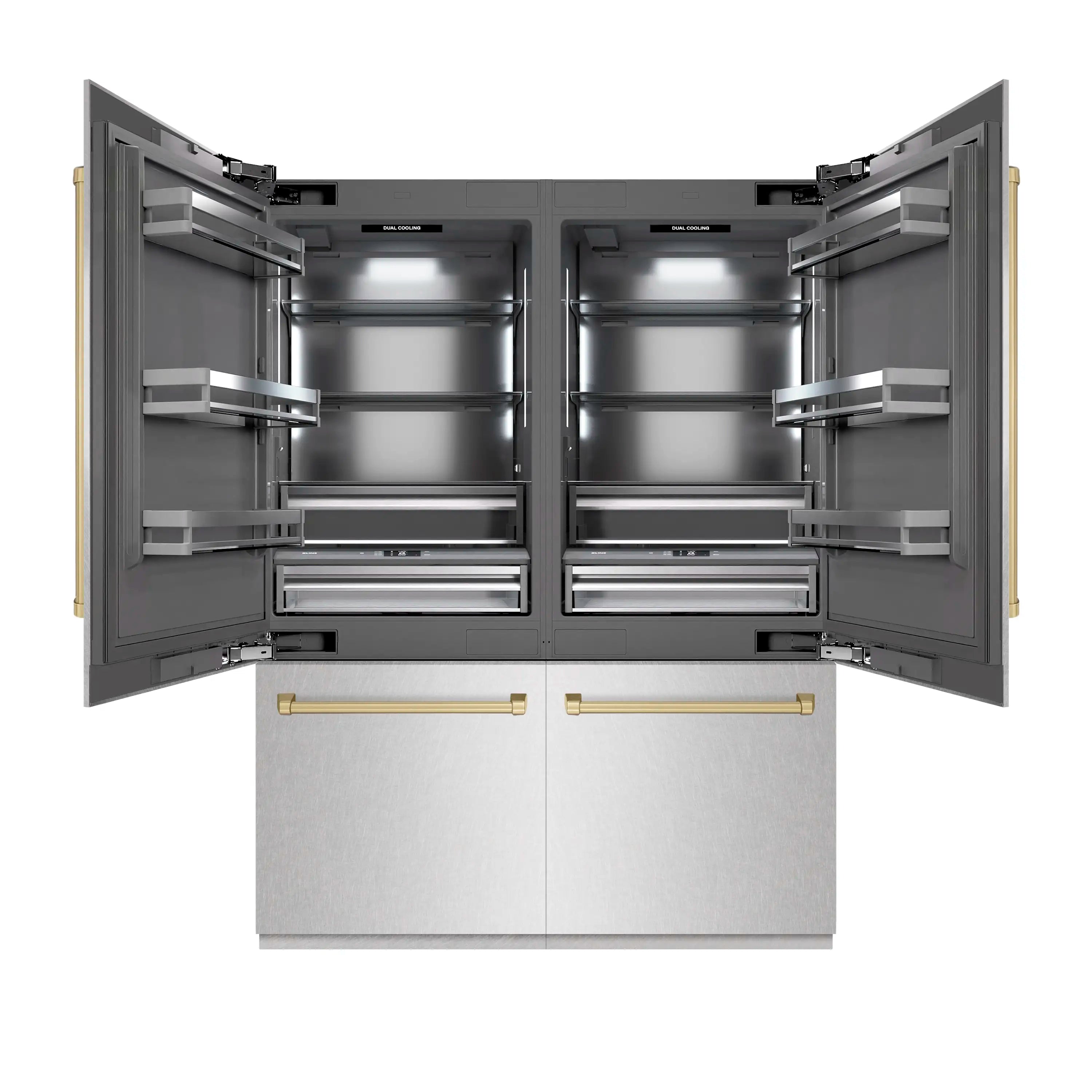 French door refrigerator interior with top shelves, center divider, and bottom freezer drawers