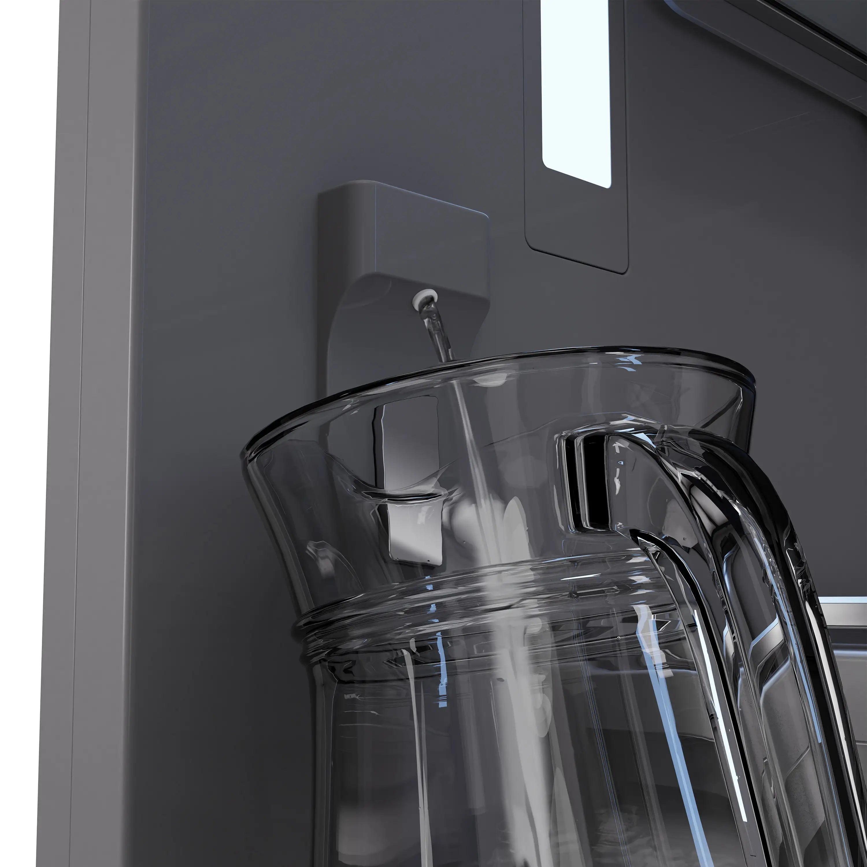 French door refrigerator water dispenser with tall chrome spout and dispensing lever