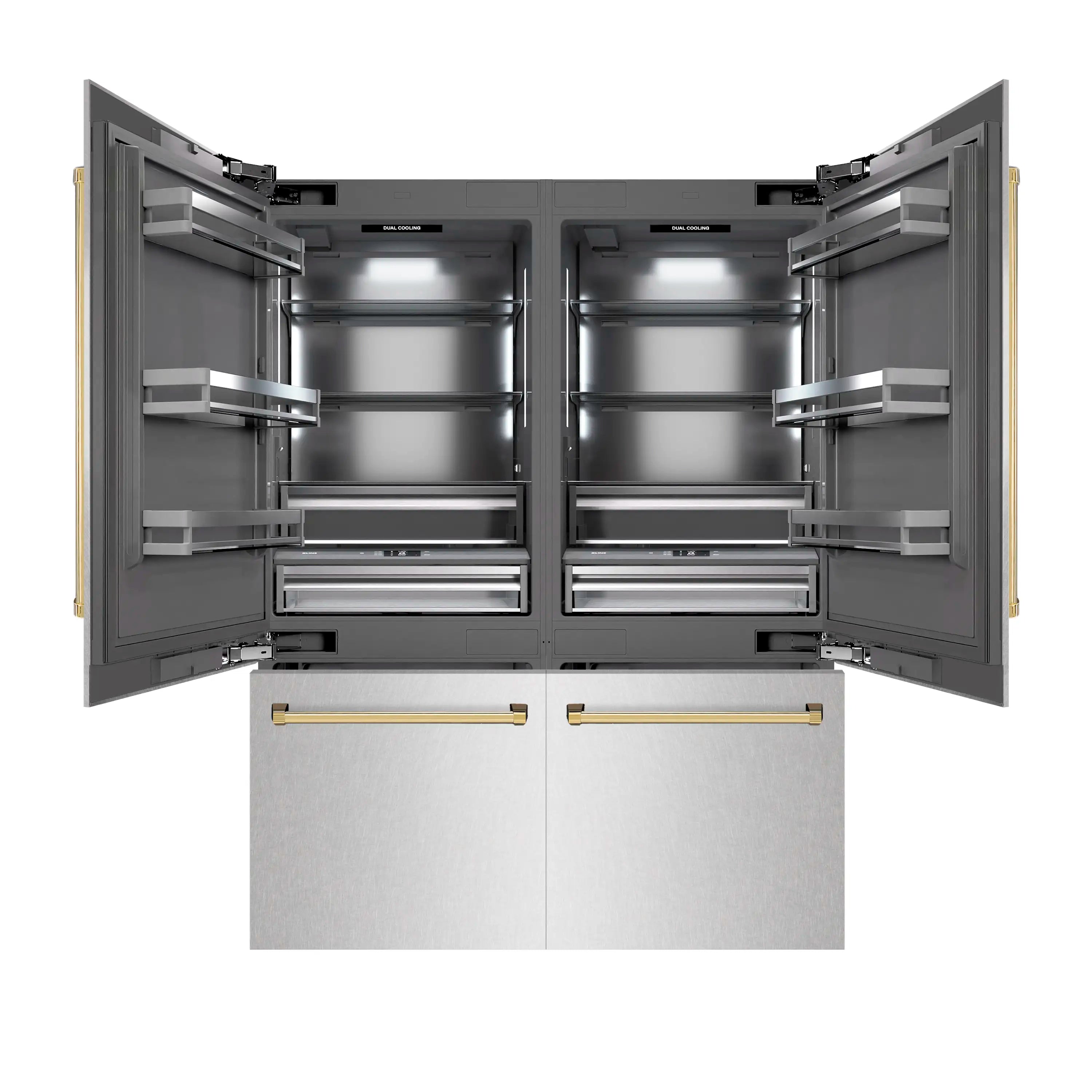 Refrigerator doors open to show interior shelves and drawers with gold accent bar handles