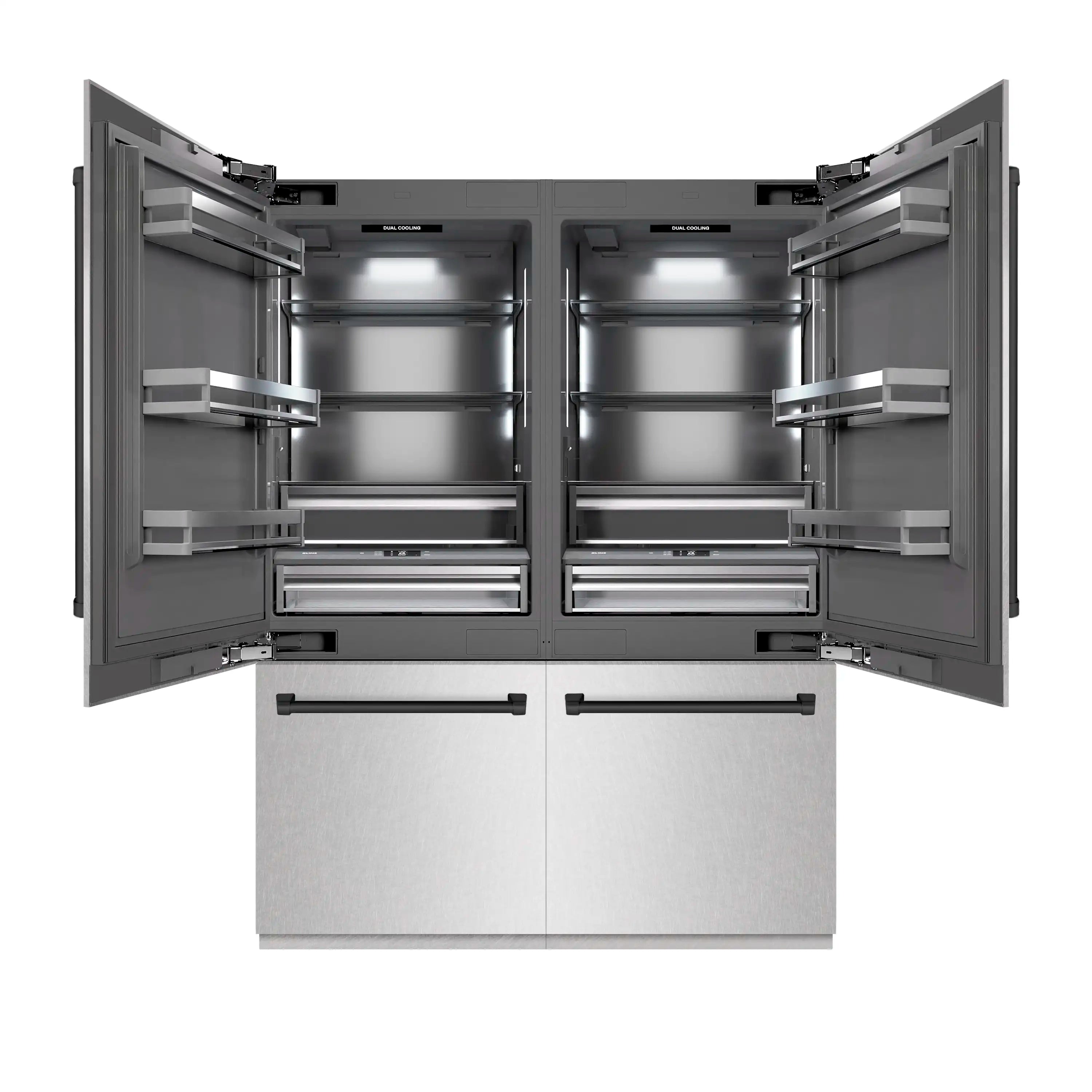 Open French door refrigerator showing interior shelves and pull-out freezer drawers.