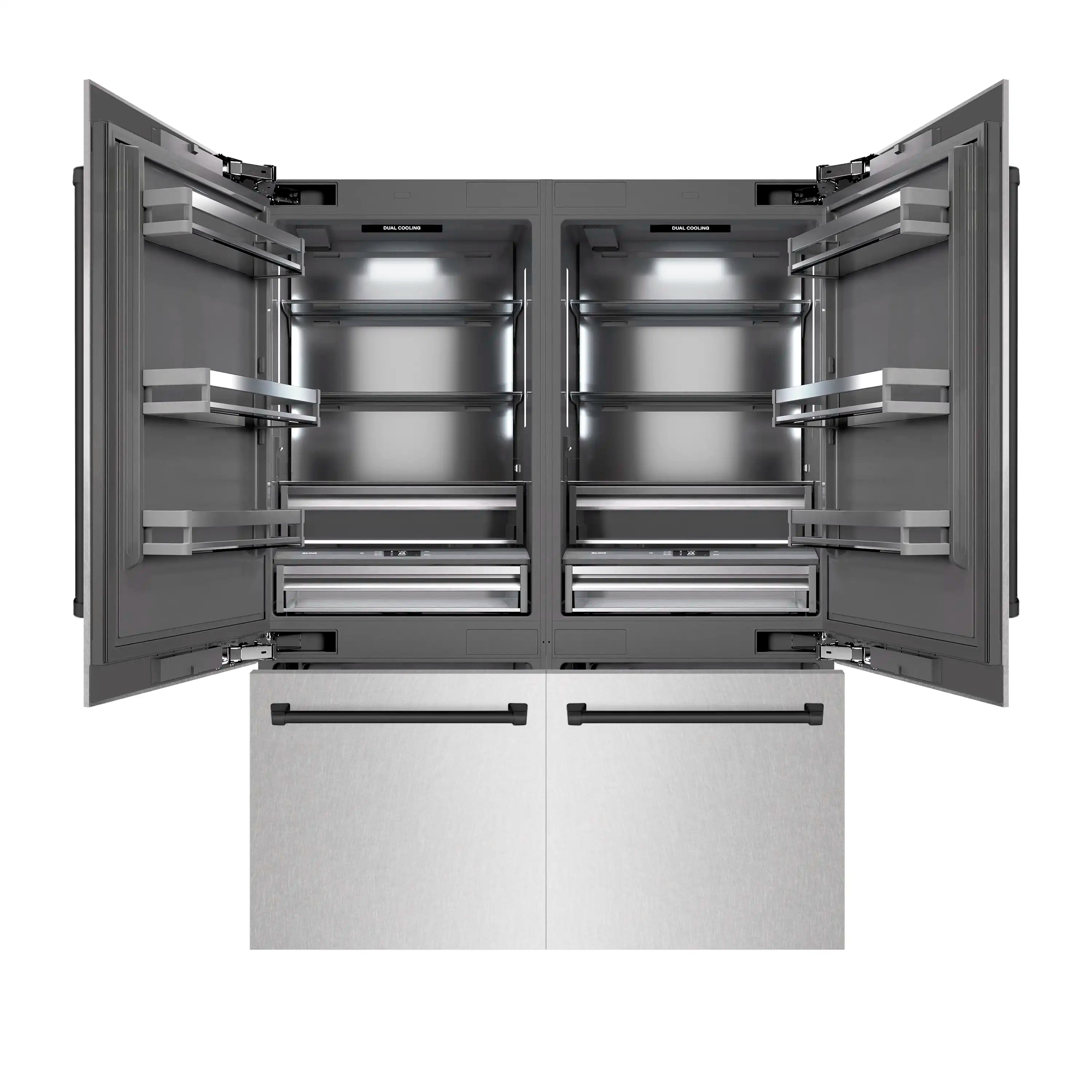 Open bottom freezer refrigerator with full interior racks, shelves, and drawers visible.