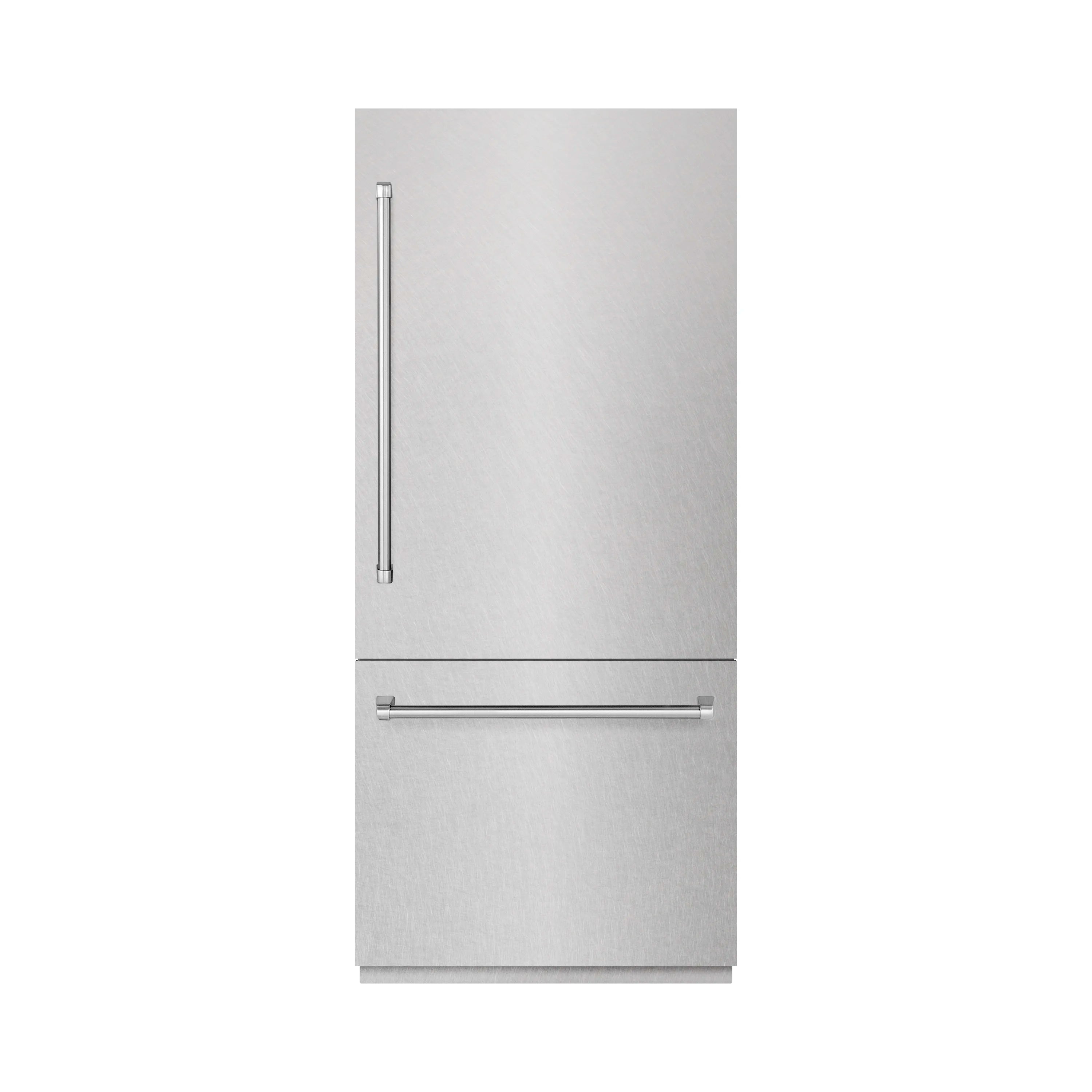Satin stainless bottom freezer refrigerator with vertical and horizontal handles