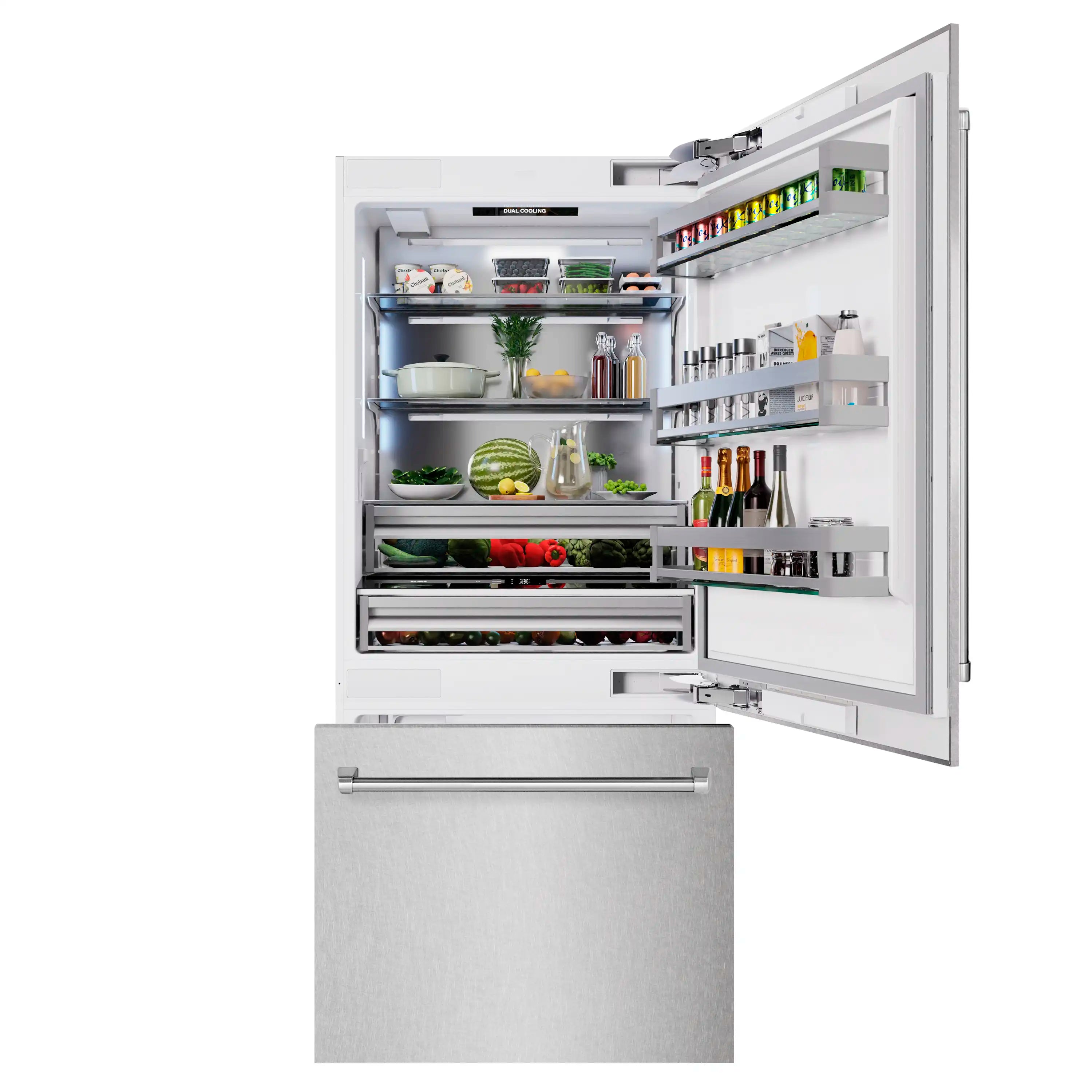 Open bottom freezer refrigerator showing interior shelves, drawers, and door bins