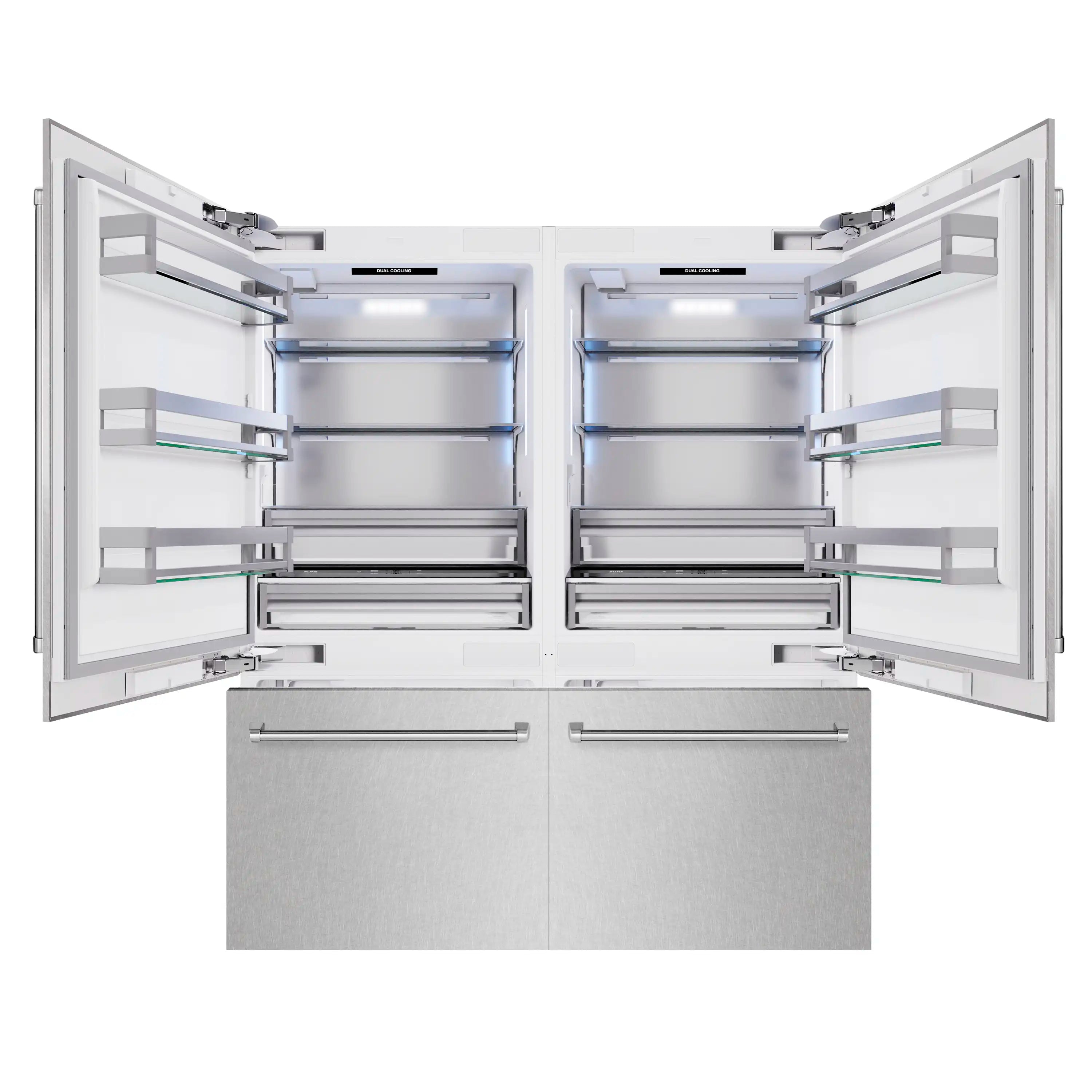 Open refrigerator with visible upper shelves, door bins, and lower freezer drawers