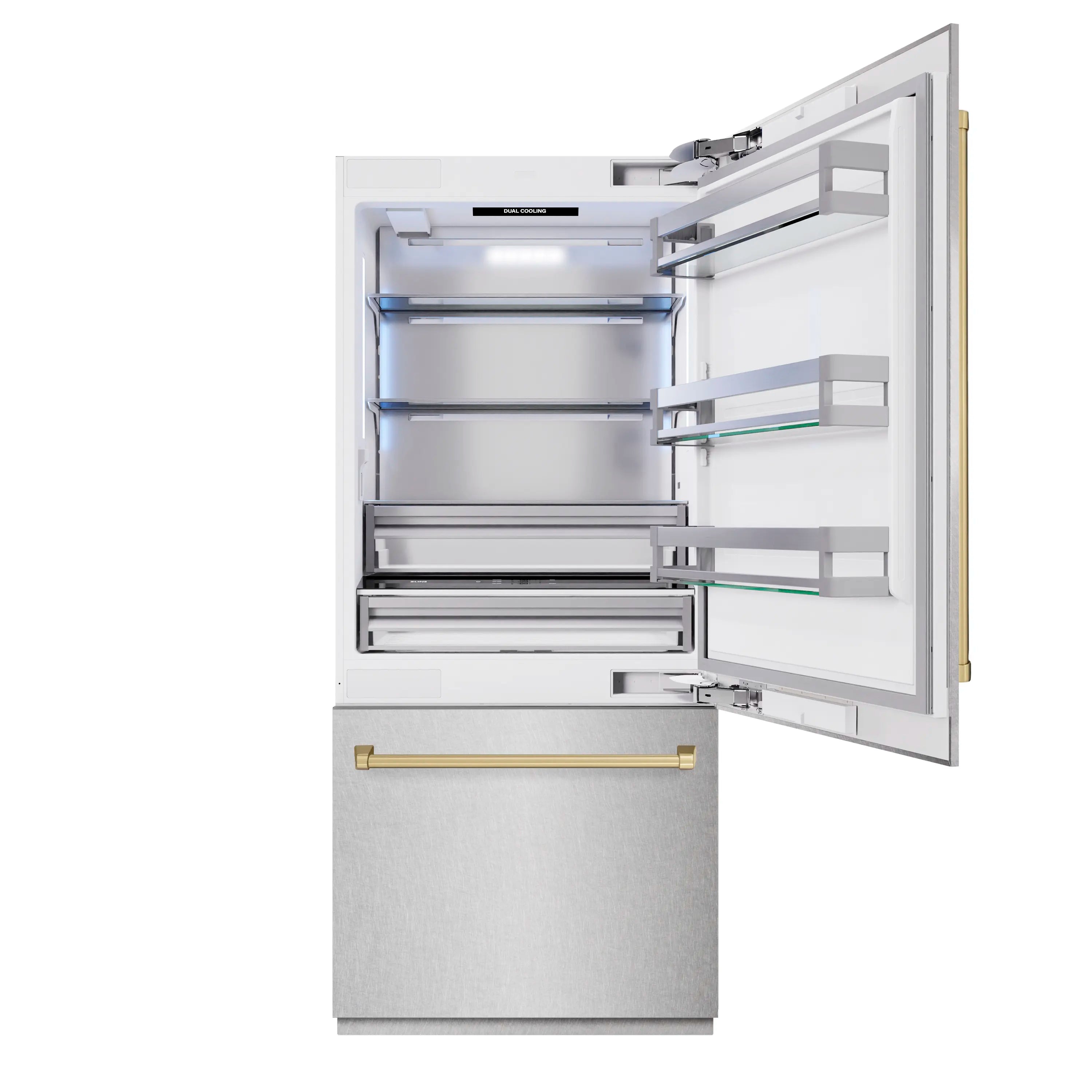 Refrigerator with door open showing freezer compartment shelves and bins
