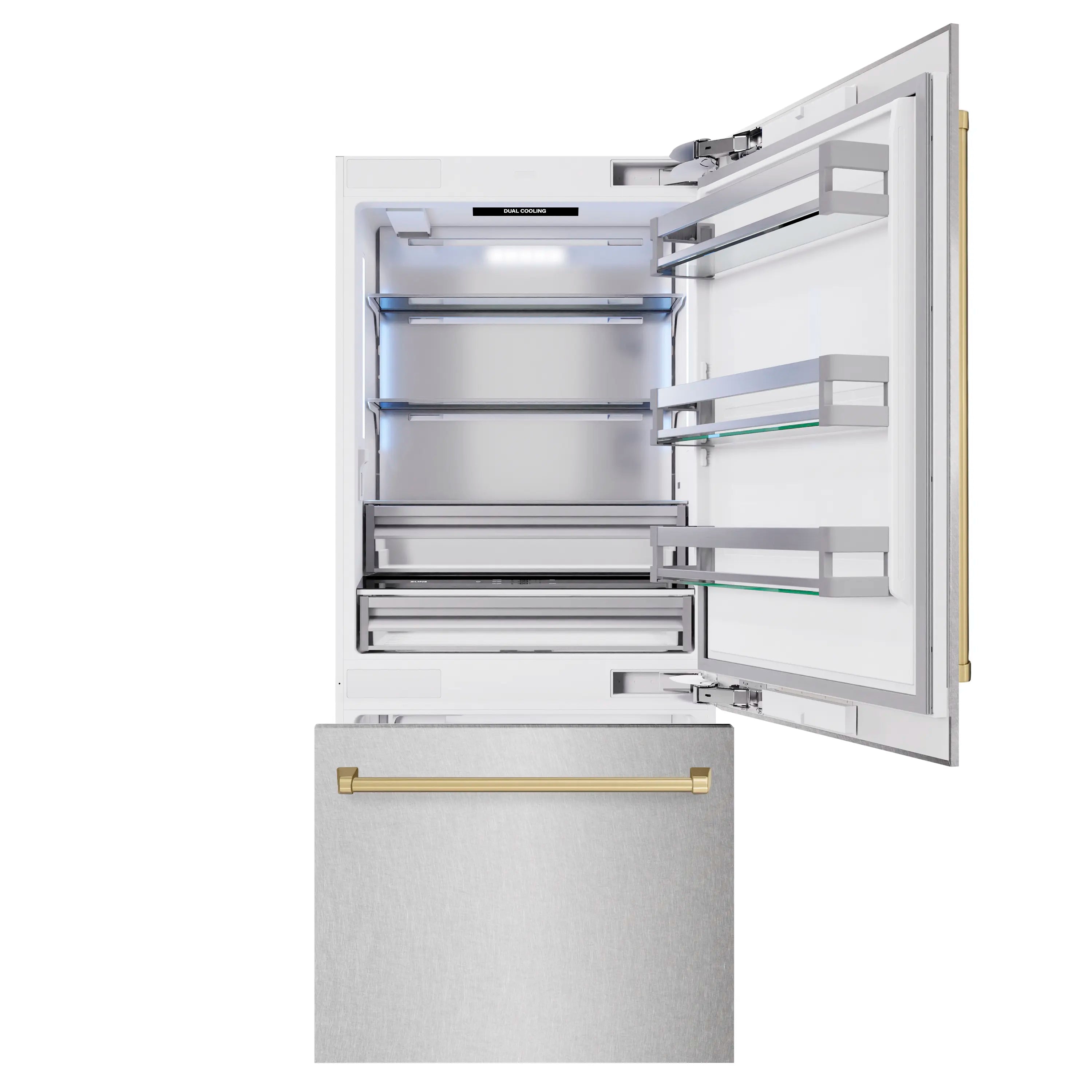 Refrigerator with door open showing organized interior shelves and drawers