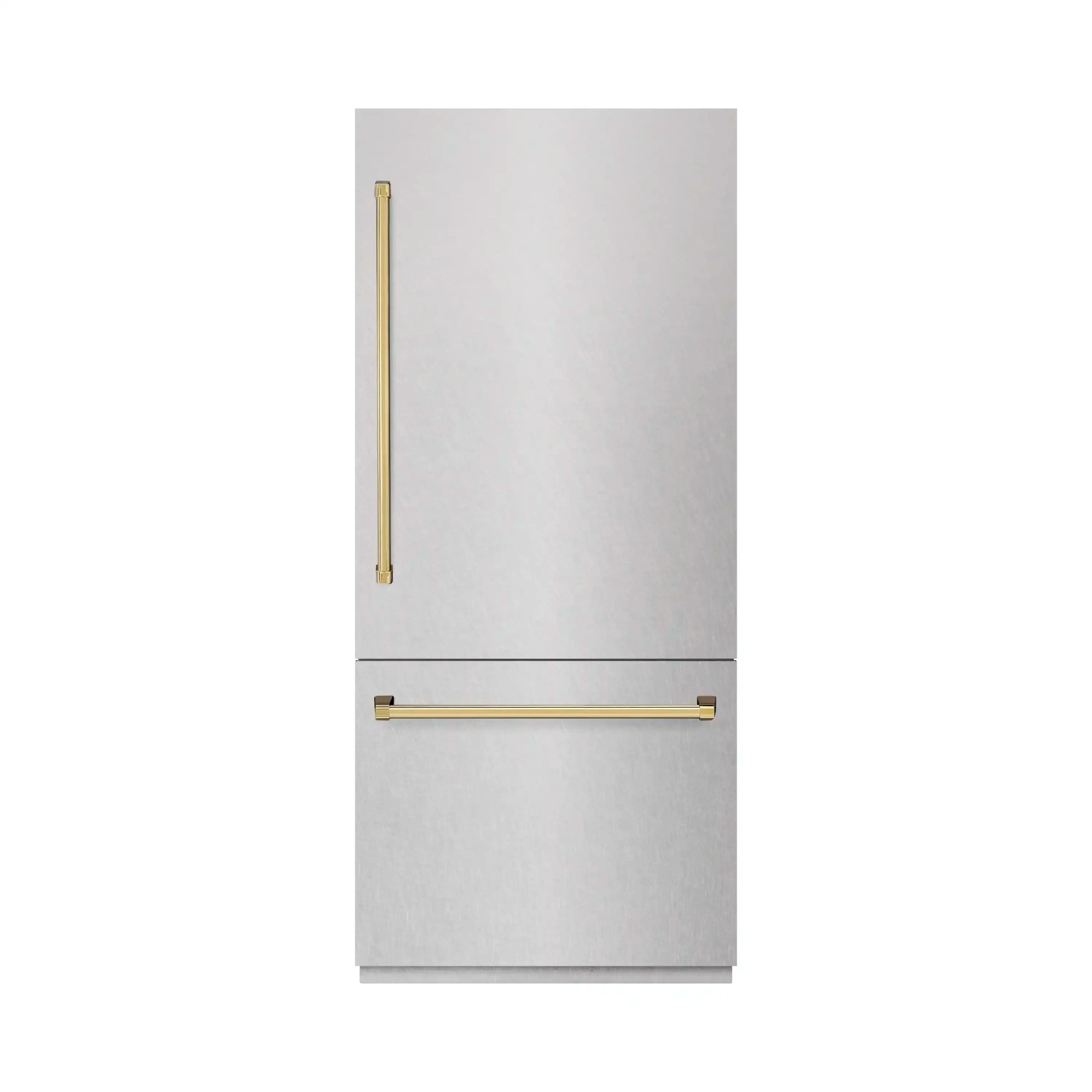 Satin stainless bottom freezer refrigerator front with gold vertical and horizontal handles.