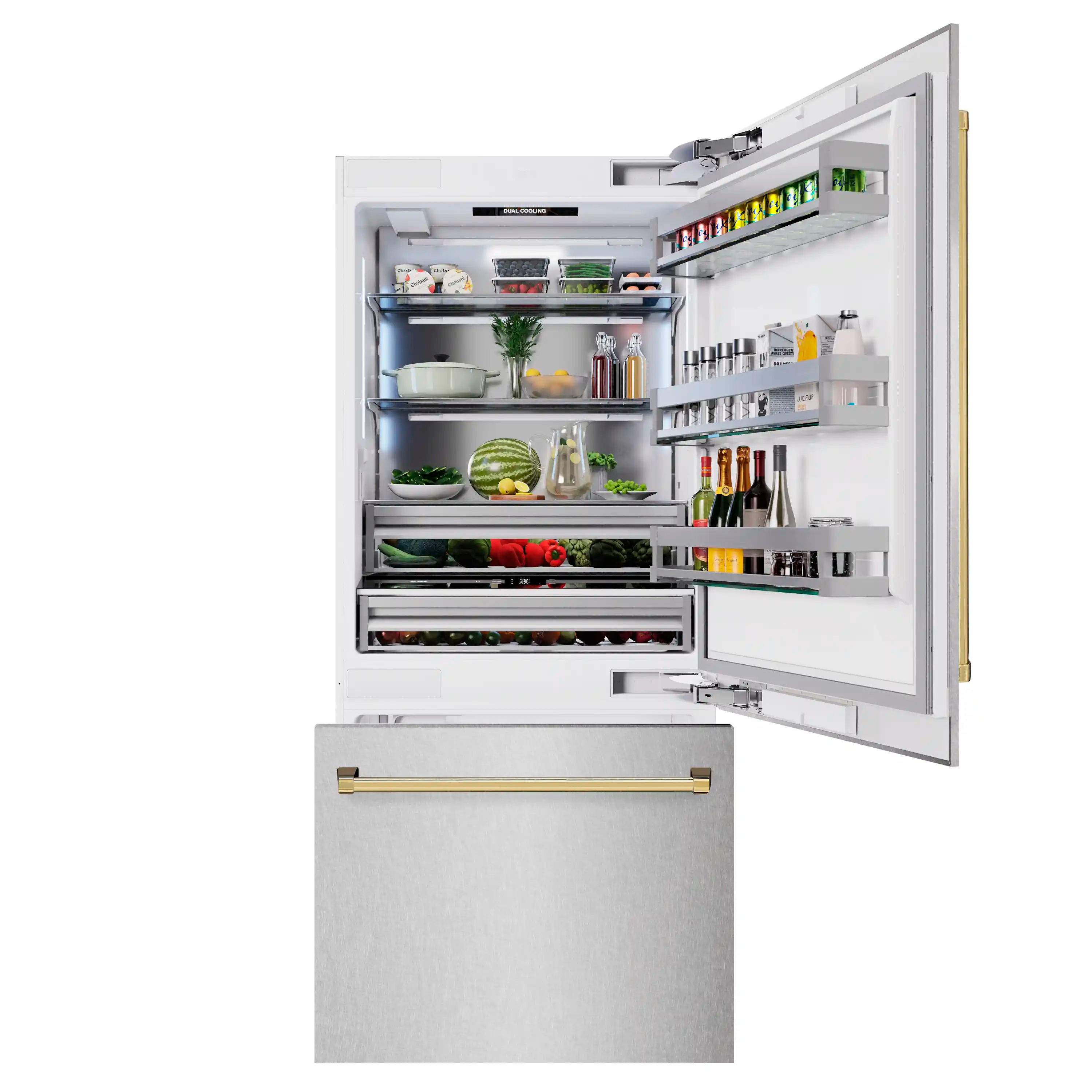 Built-in bottom freezer refrigerator with open door showing interior shelves and bins