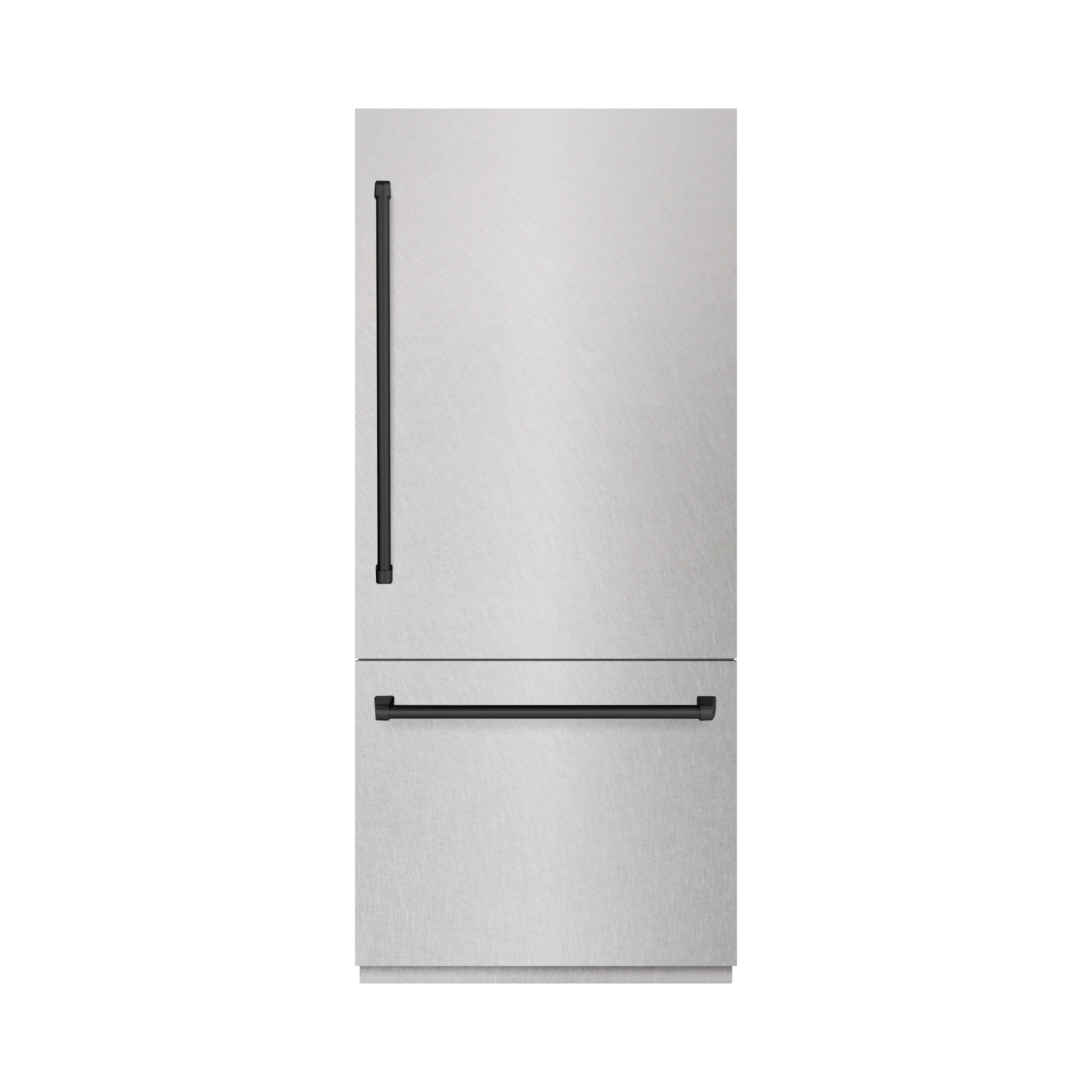 Satin stainless refrigerator door with matte black vertical and horizontal handles
