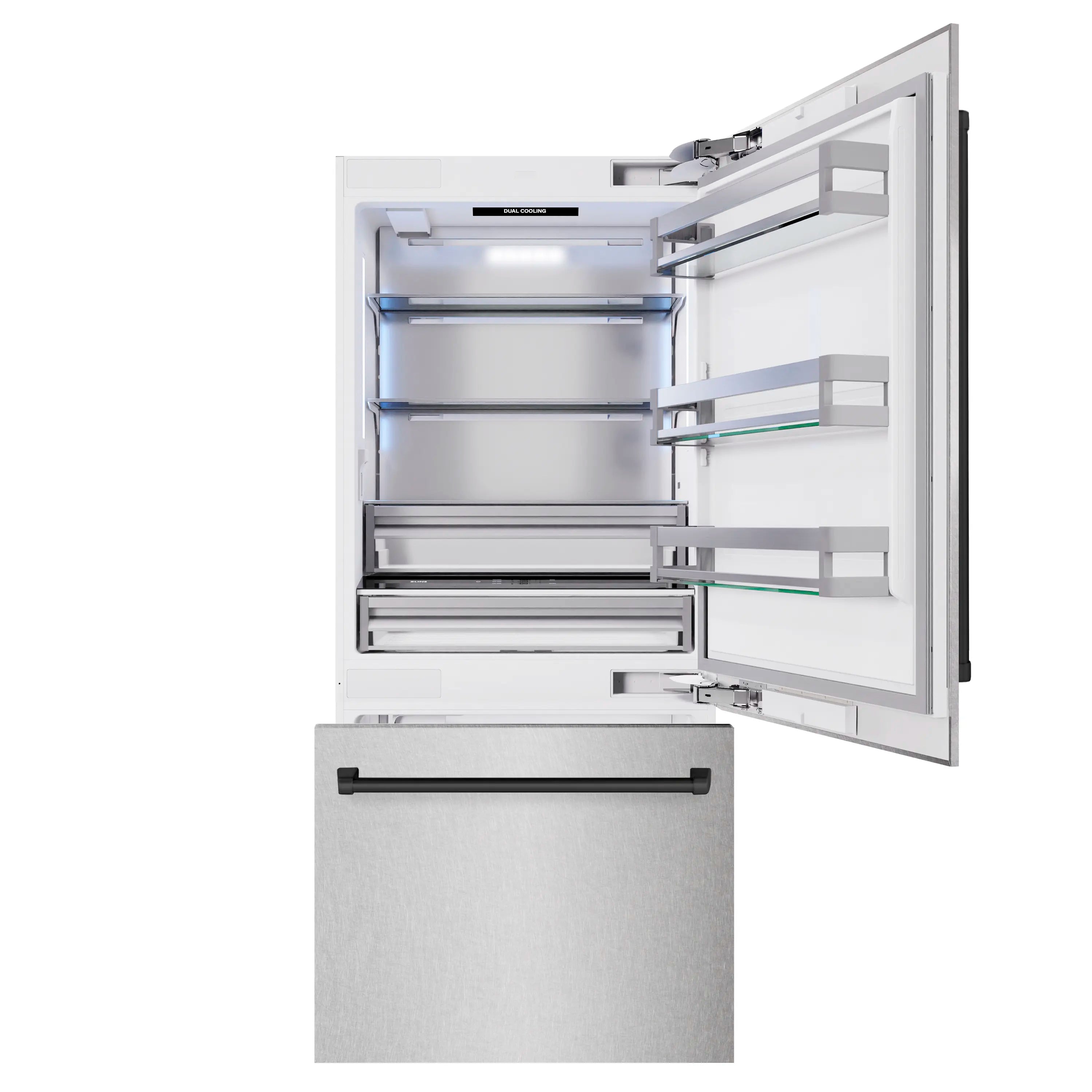 Bottom freezer refrigerator door open with interior shelves and multi-level storage