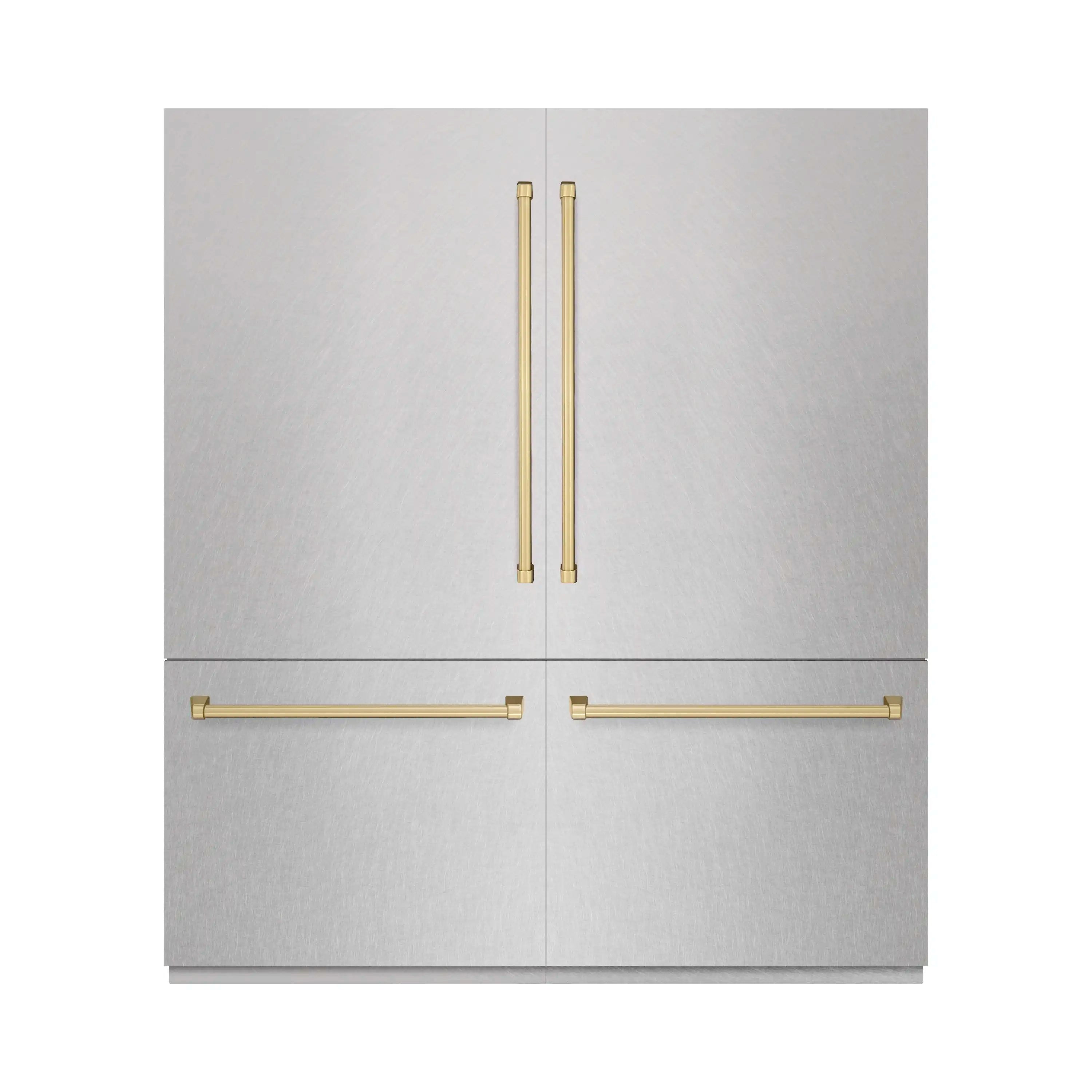 Satin stainless refrigerator with champagne bronze handle accents on the double doors