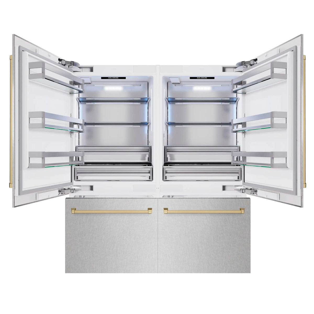 Open French doors with interior refrigeration compartments and shelves visible