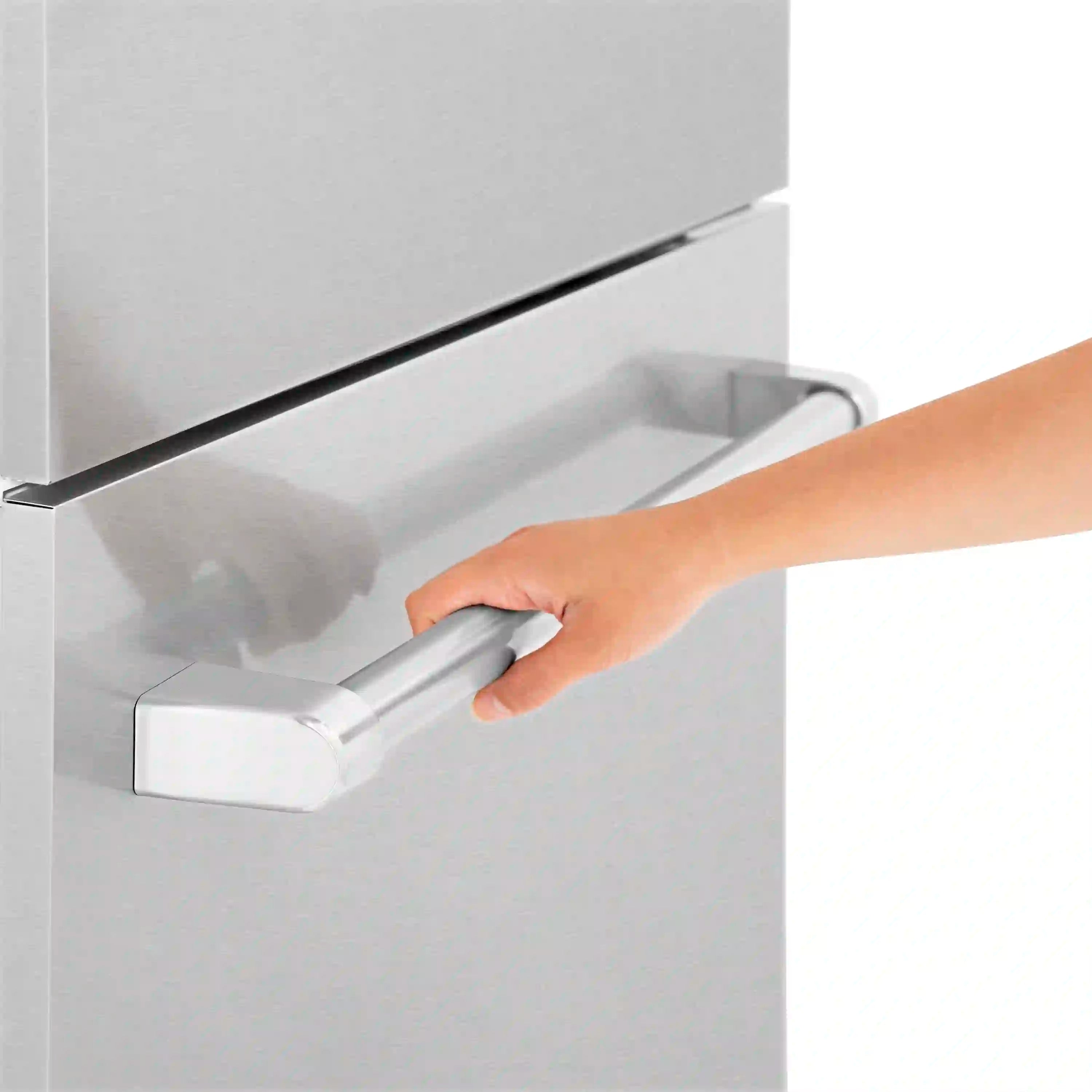 Built-in bottom freezer refrigerator door handle with hand opening drawer