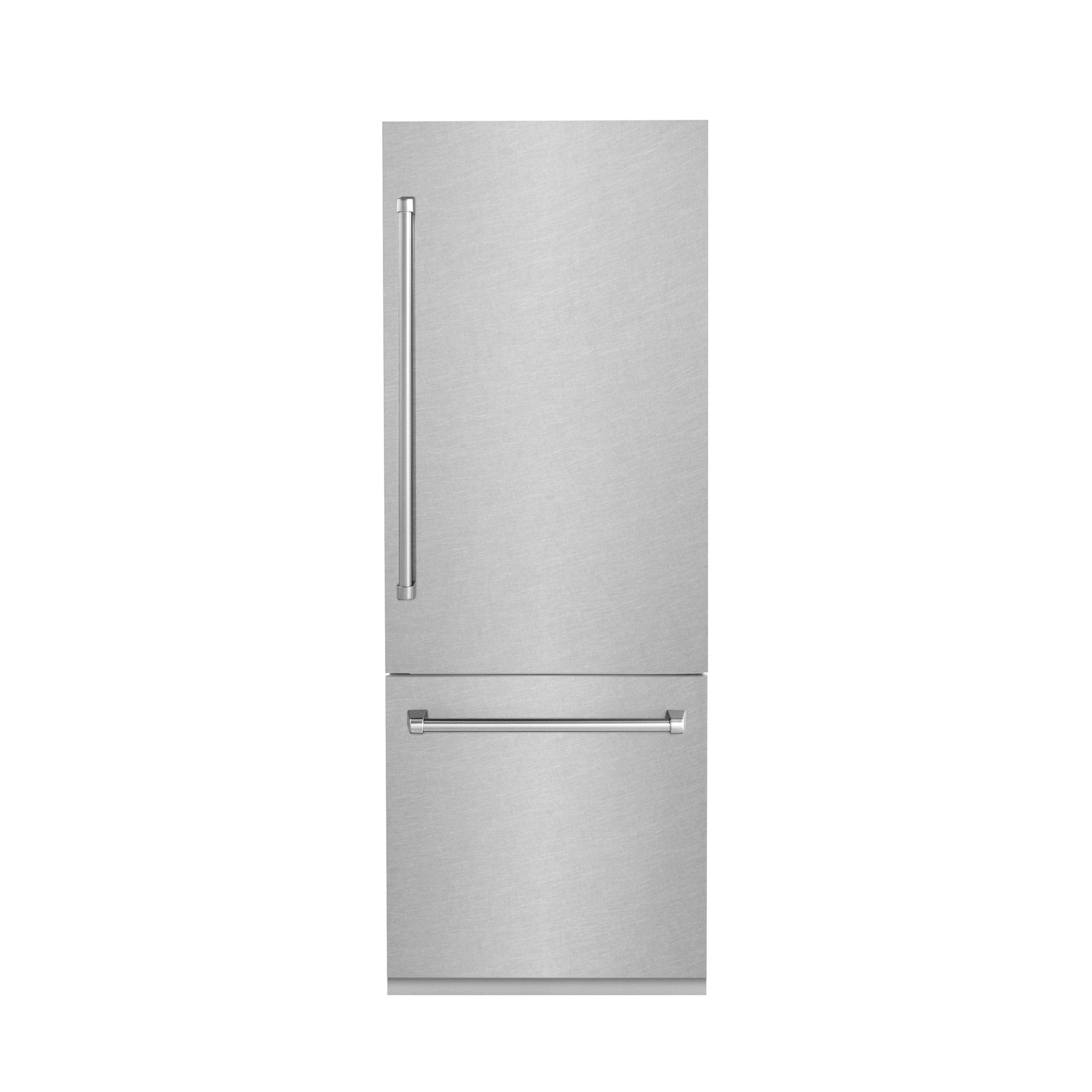 Built-in bottom freezer refrigerator in satin stainless steel with two handles