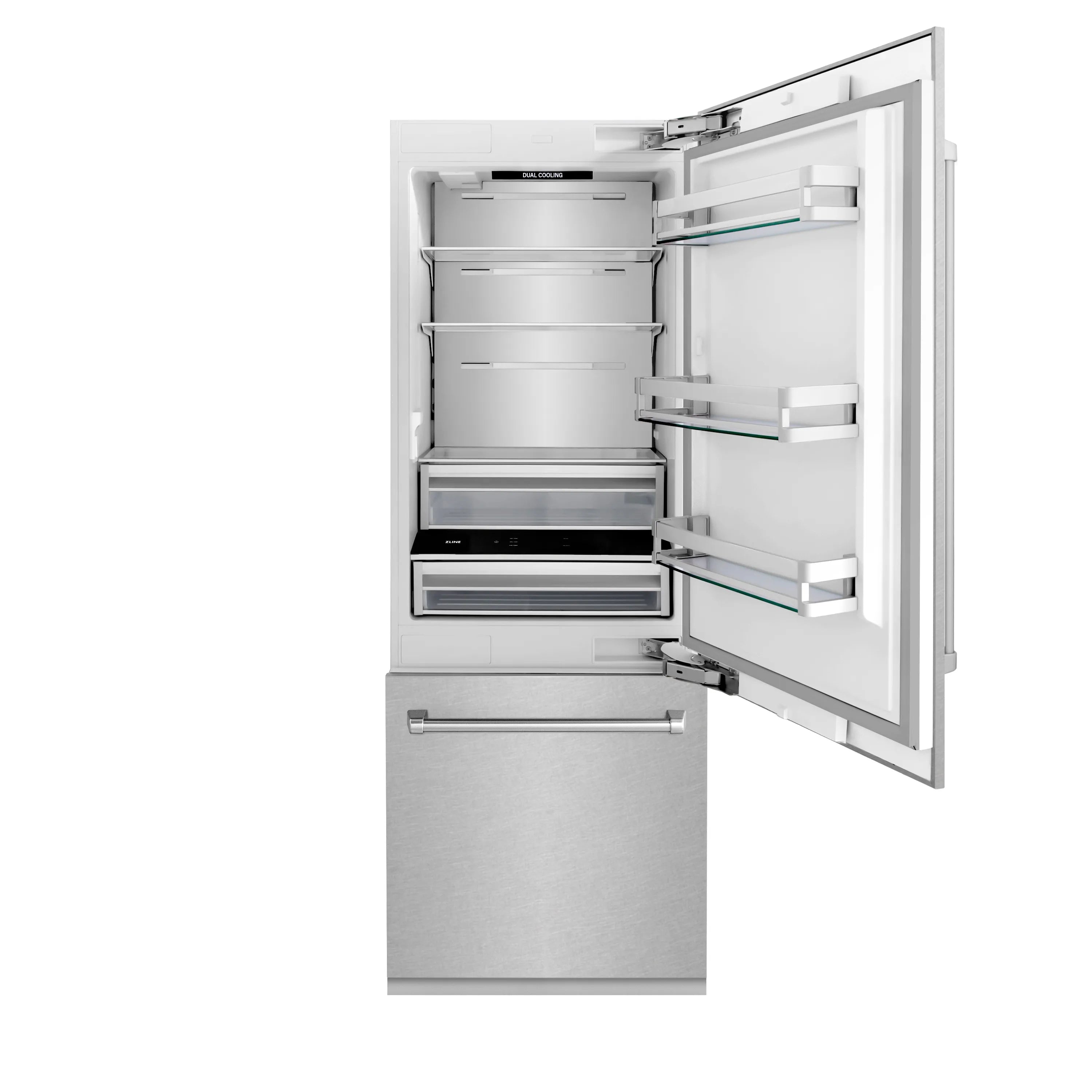 Built-in bottom freezer and refrigerator compartments with shelves open