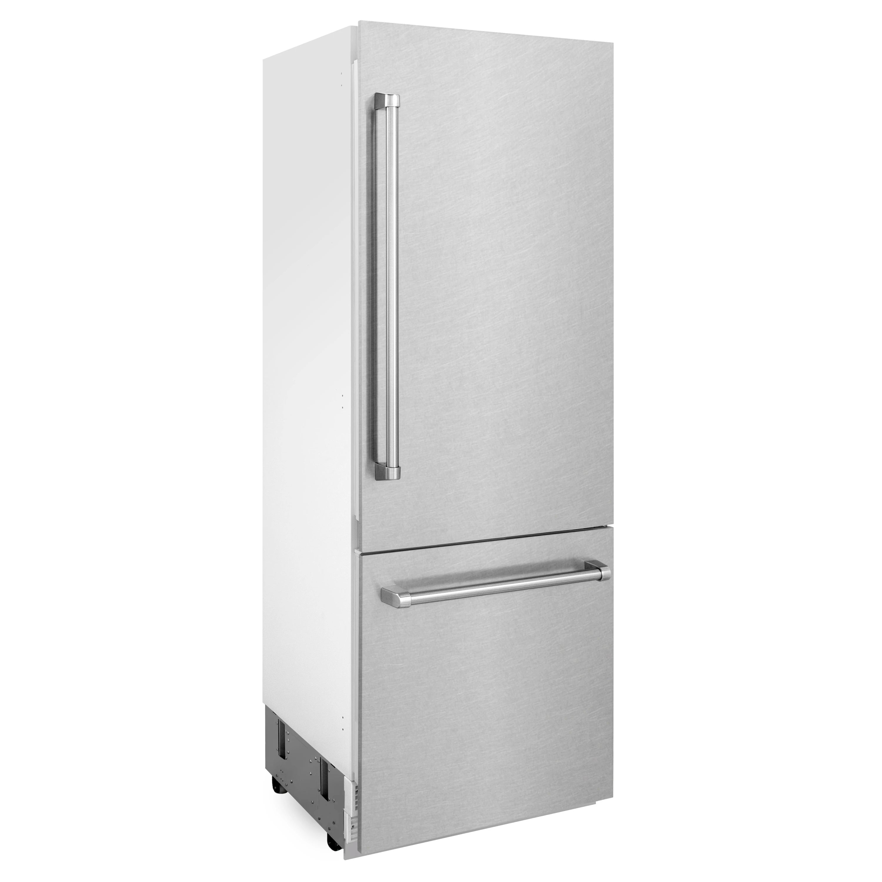 Built-in bottom freezer refrigerator angled view in satin stainless steel with handles