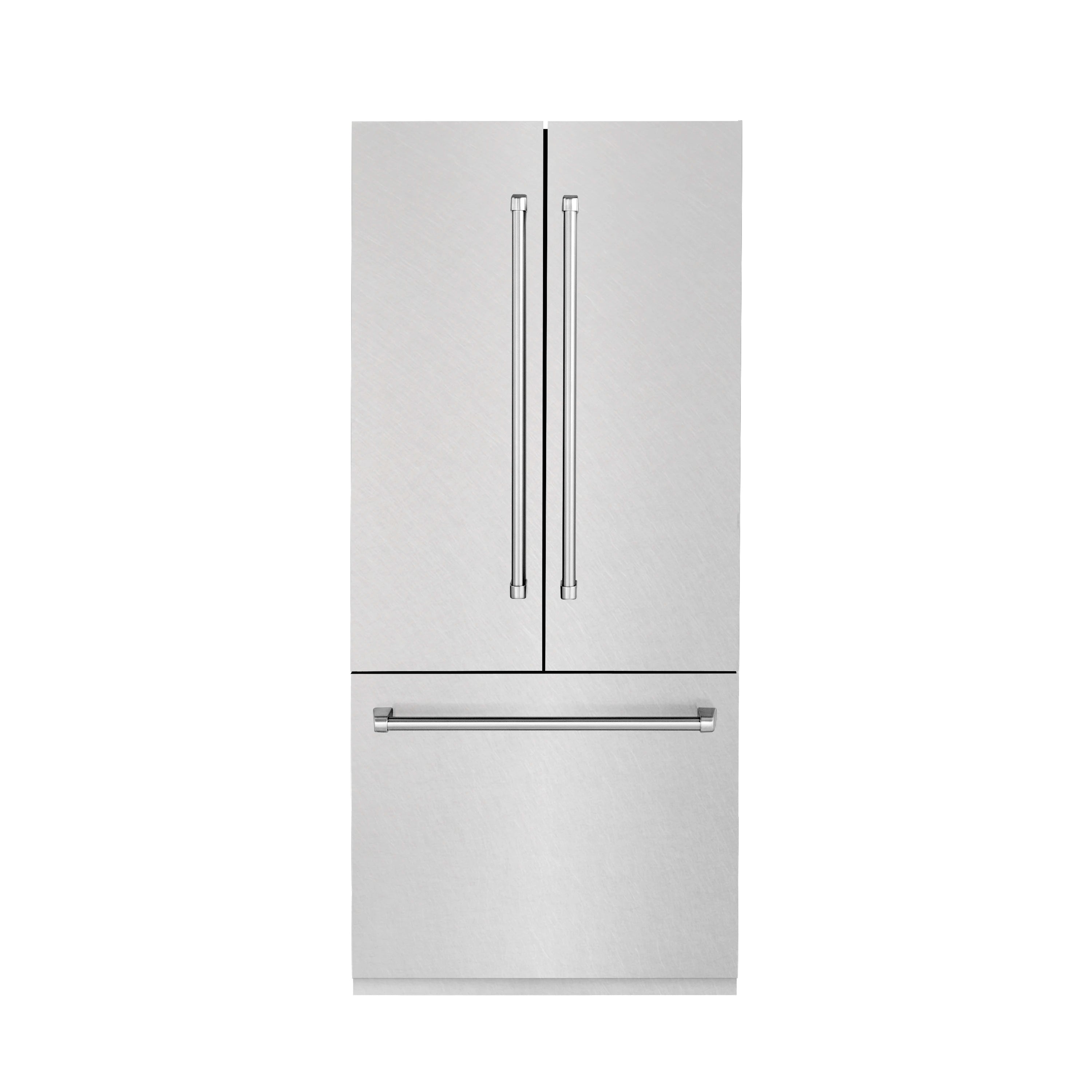 Built-in bottom-freezer refrigerator with two satin stainless steel doors and pull handles