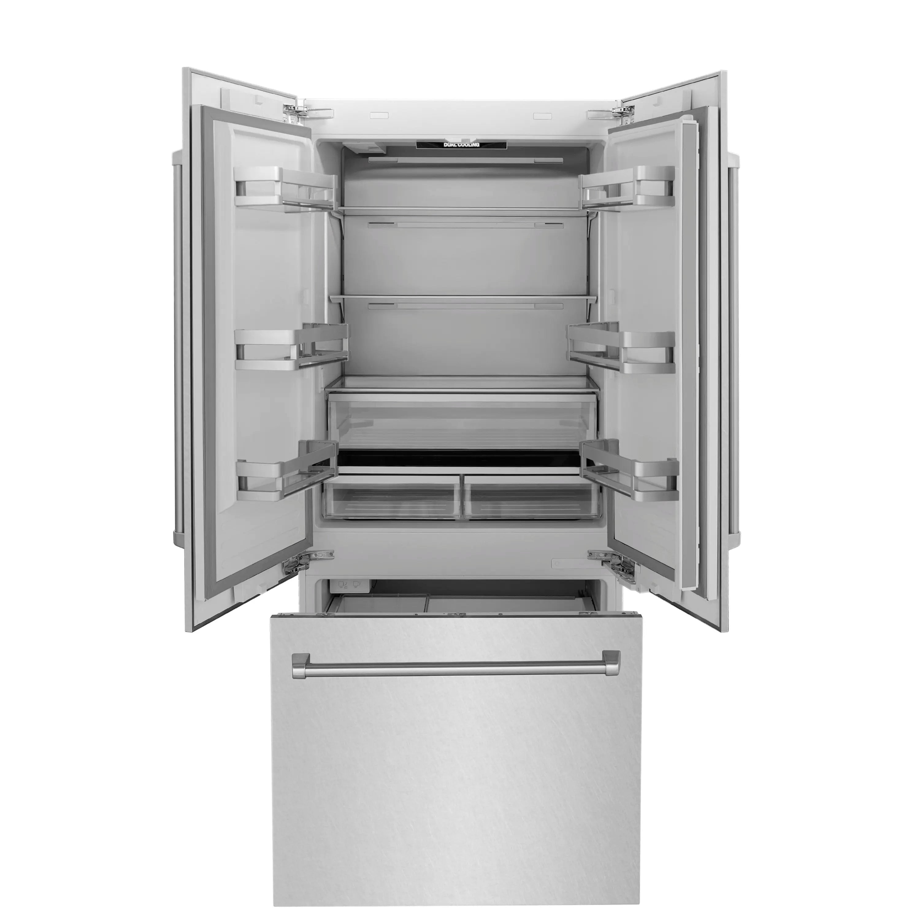 Built-in bottom-freezer refrigerator open view showing refrigerator and freezer compartments