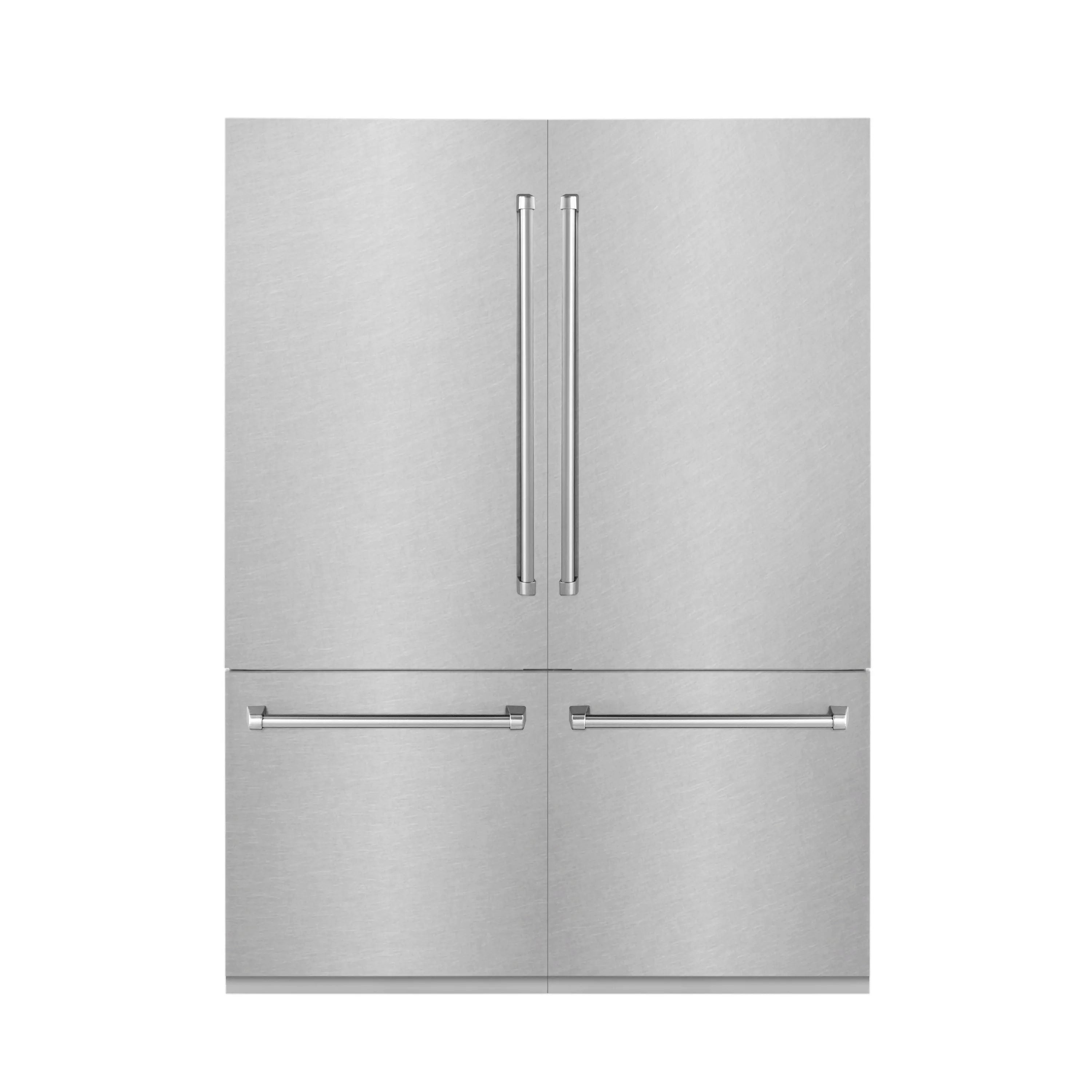 Stainless steel four-door refrigerator with double top handles and bottom handles