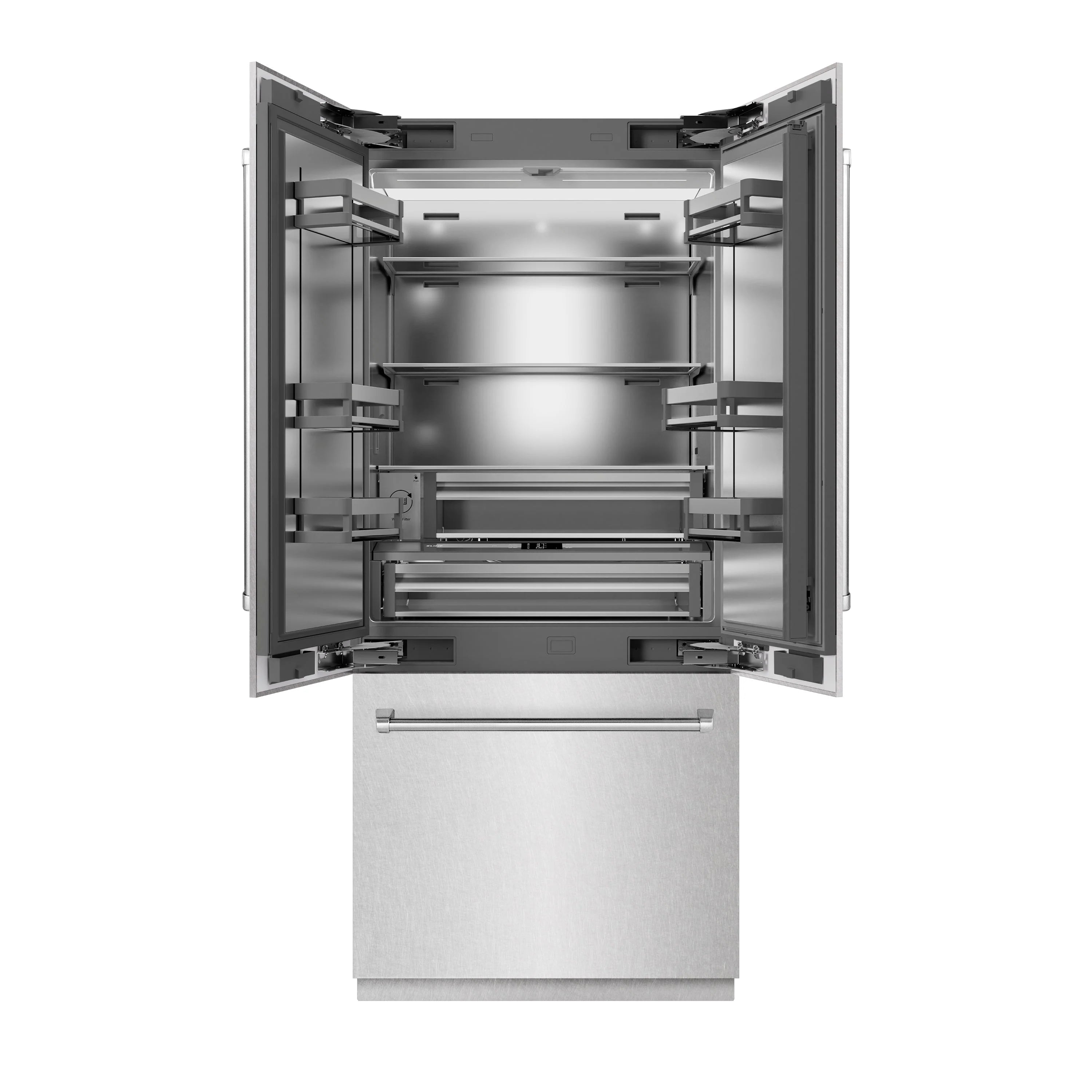 Built-in bottom freezer refrigerator with French doors open and metal storage shelves