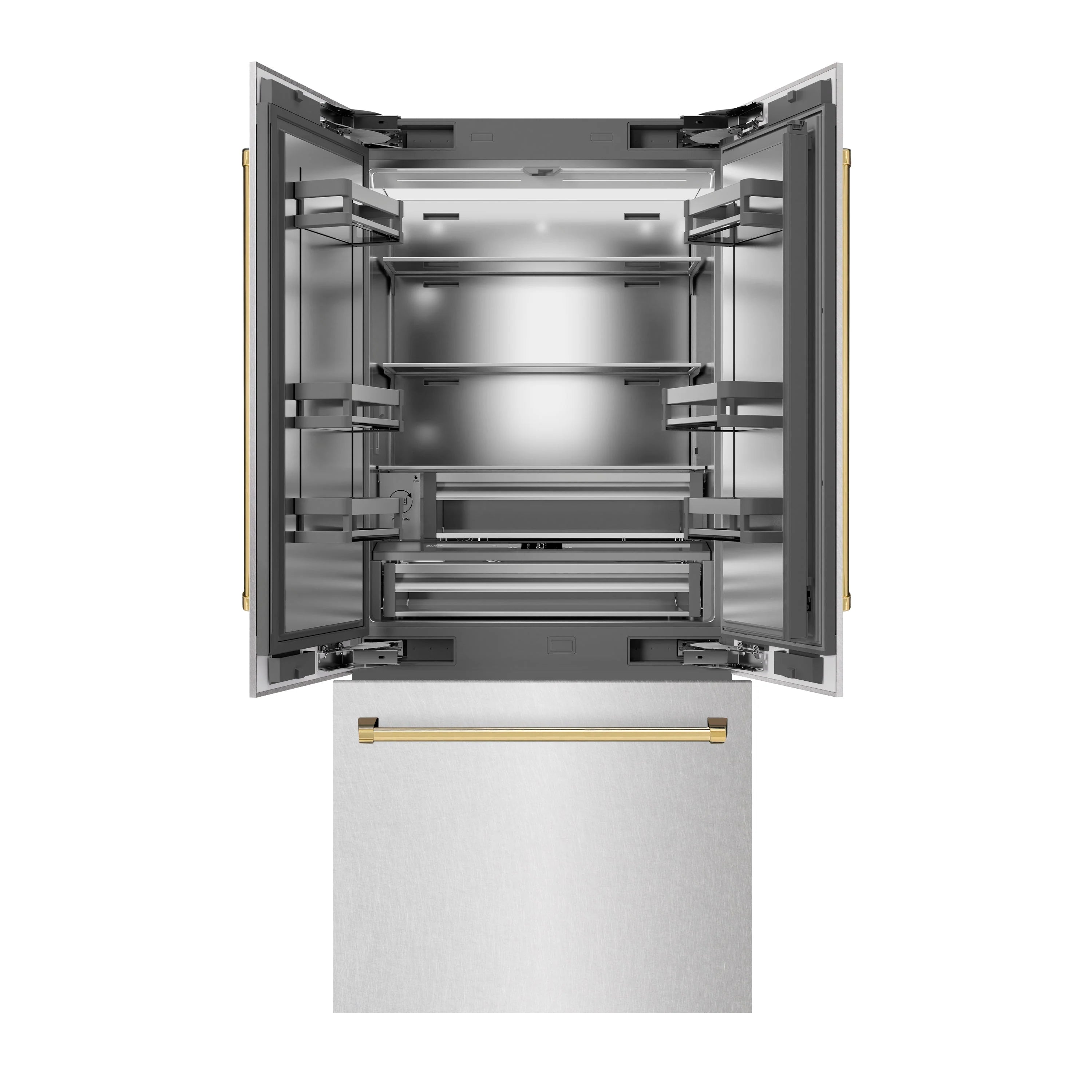 Open bottom freezer refrigerator with pull-out freezer drawers and gold edge accents