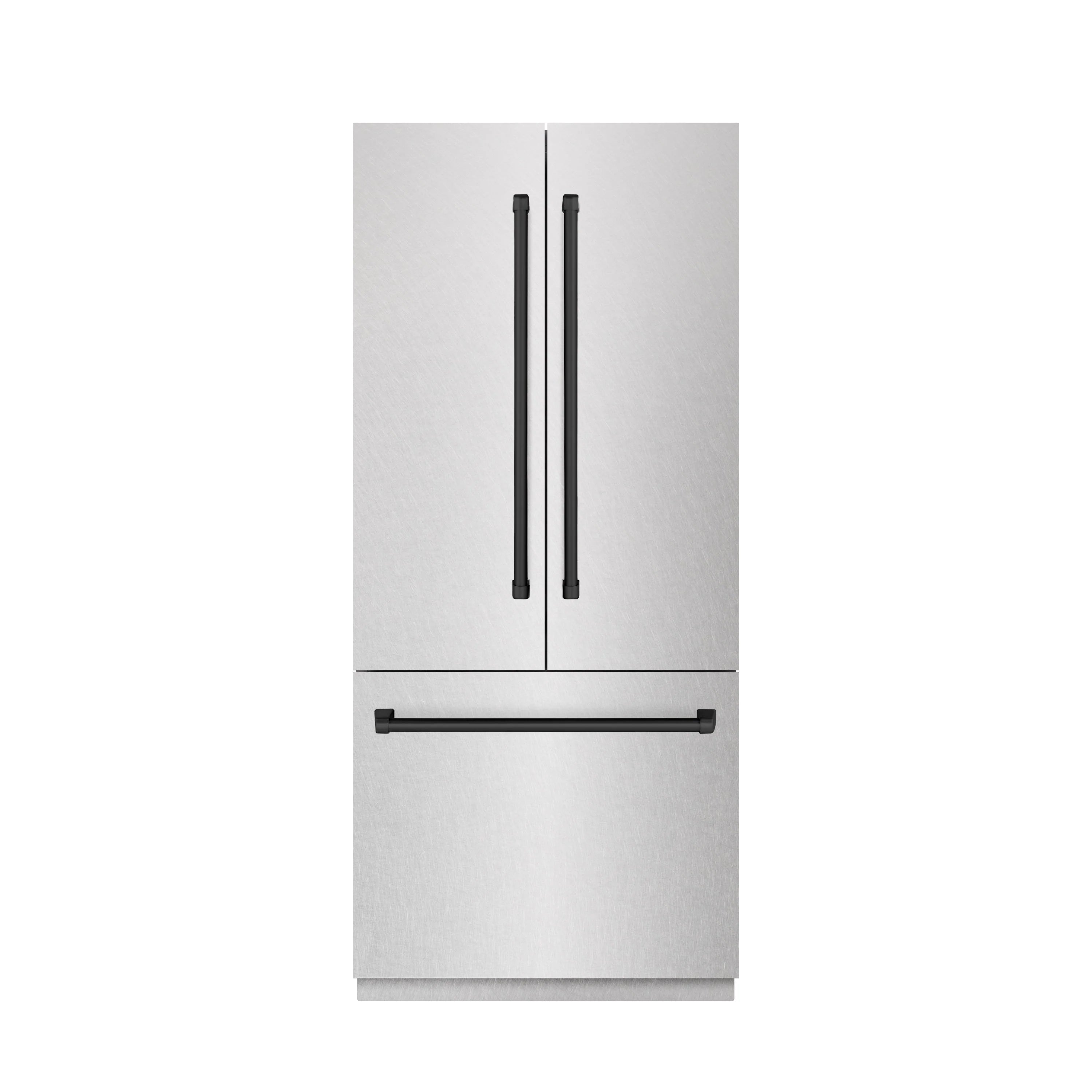 Satin stainless French door refrigerator exterior with long vertical handles.