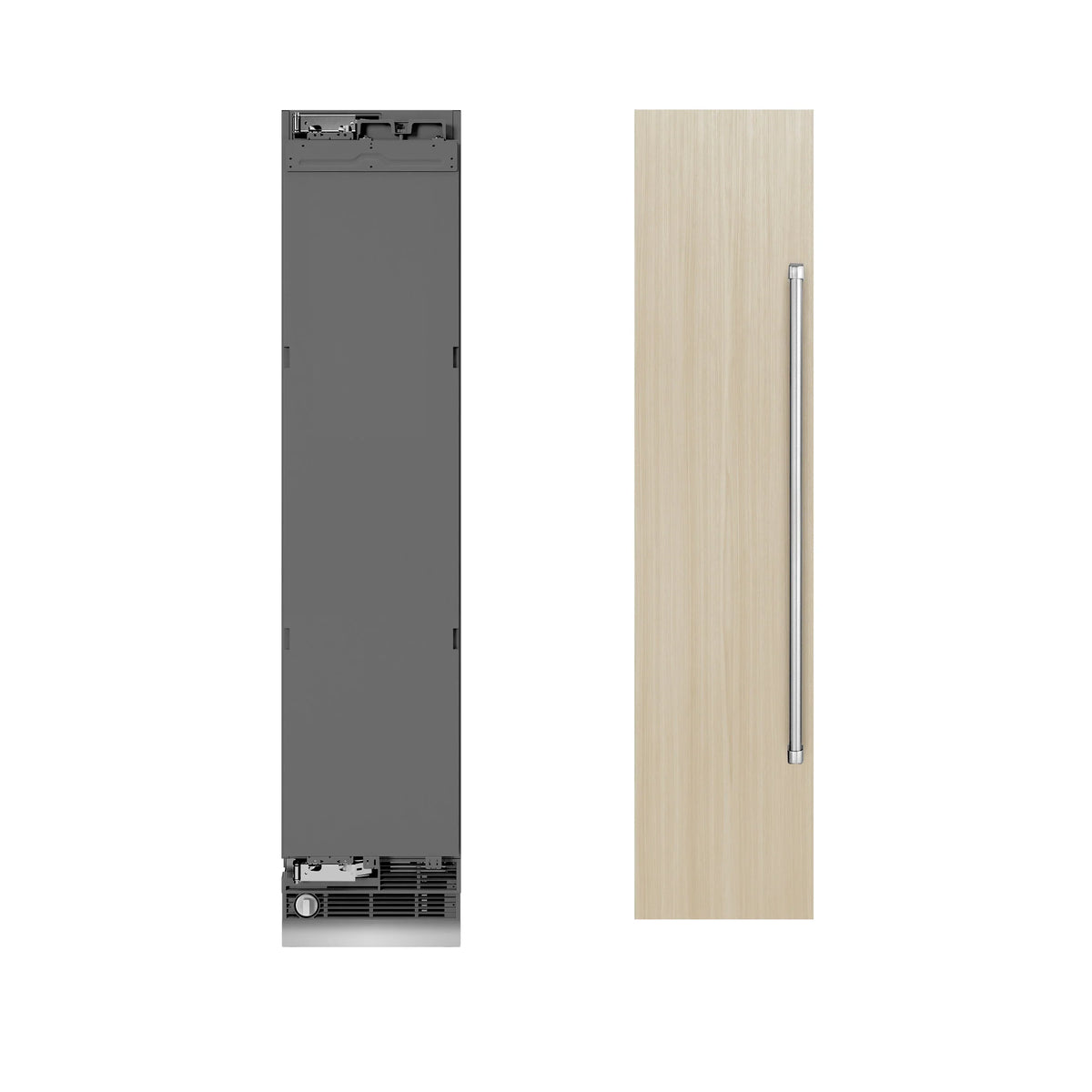 Panel-ready refrigerator and freezer with wood panel door and slim metal handle