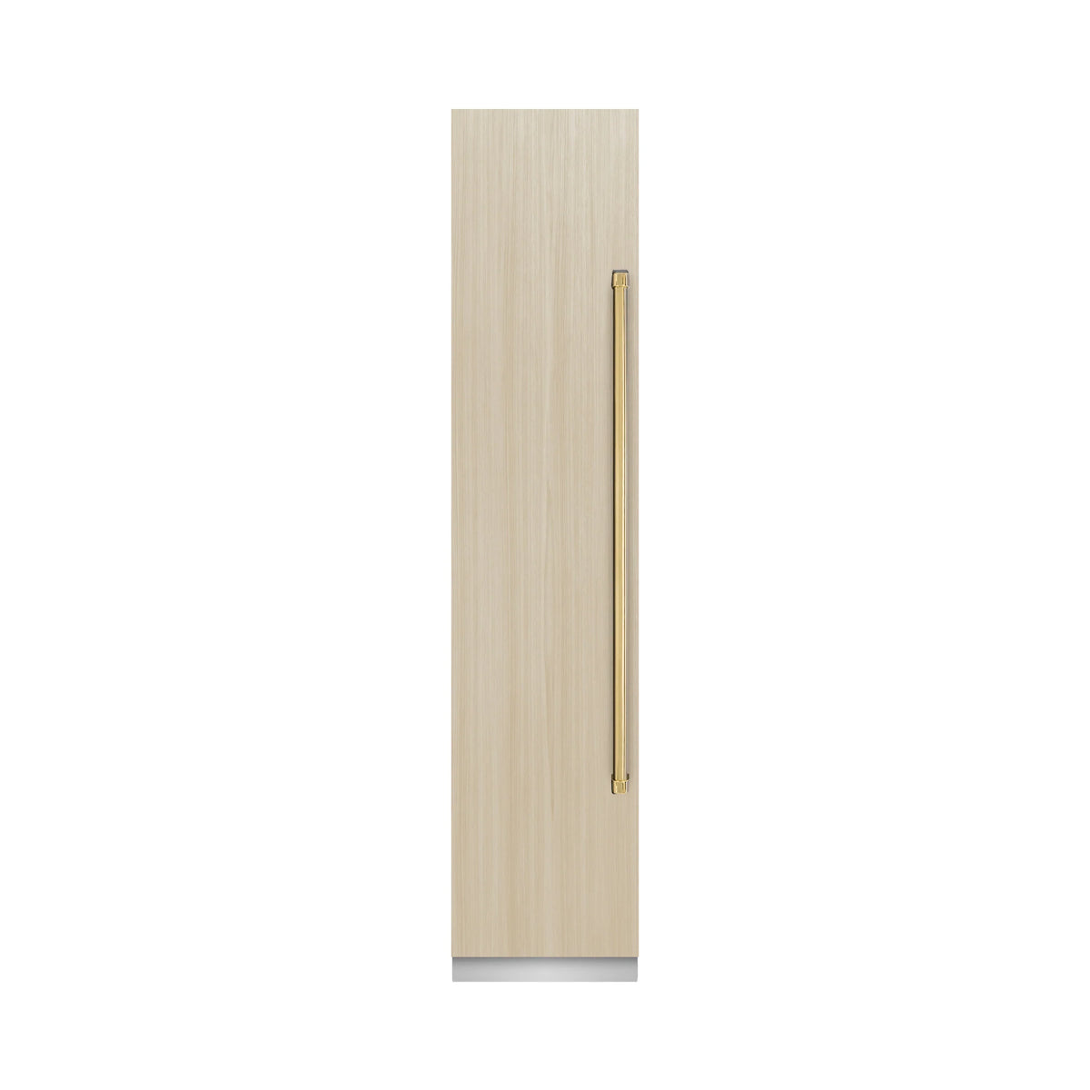 Panel-ready refrigerator door handle on light wood panel with gold finish