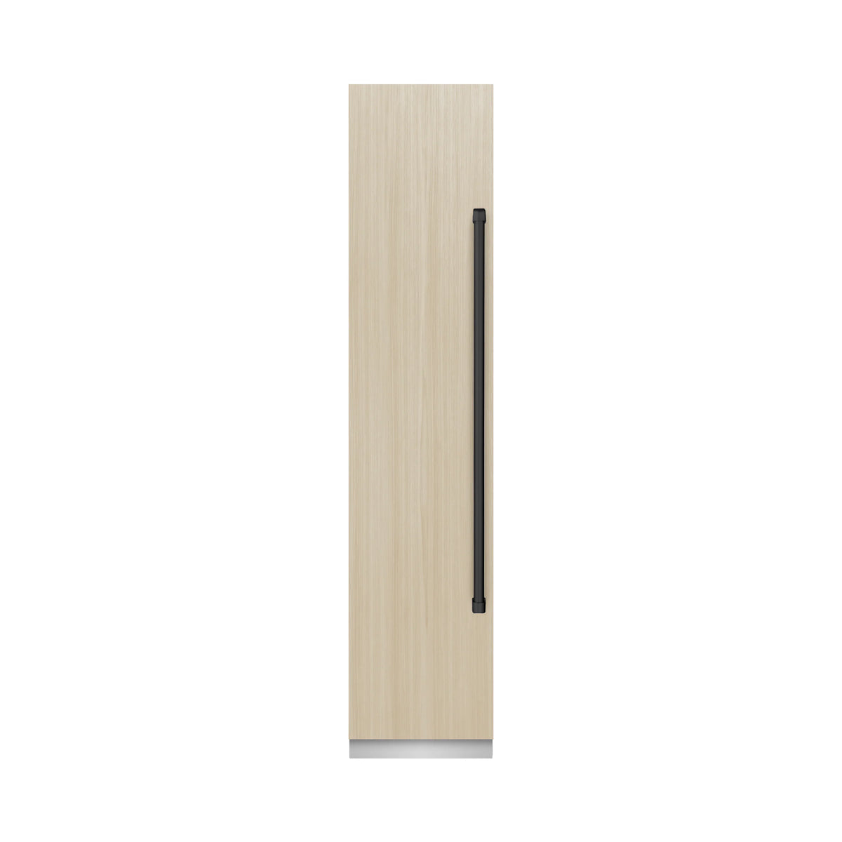 Panel-ready refrigerator door with light wood finish and matte black pull handle