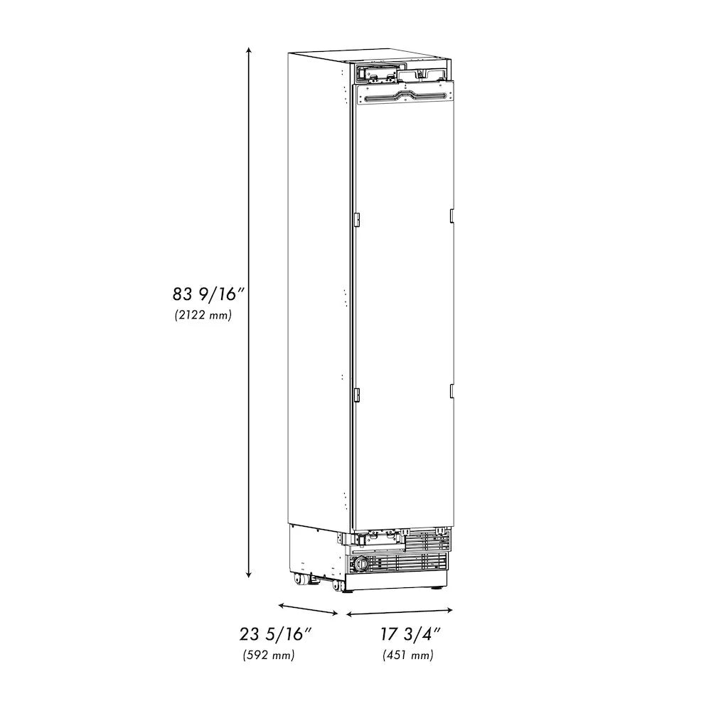 Column freezer side profile diagram with overall dimensions labeled