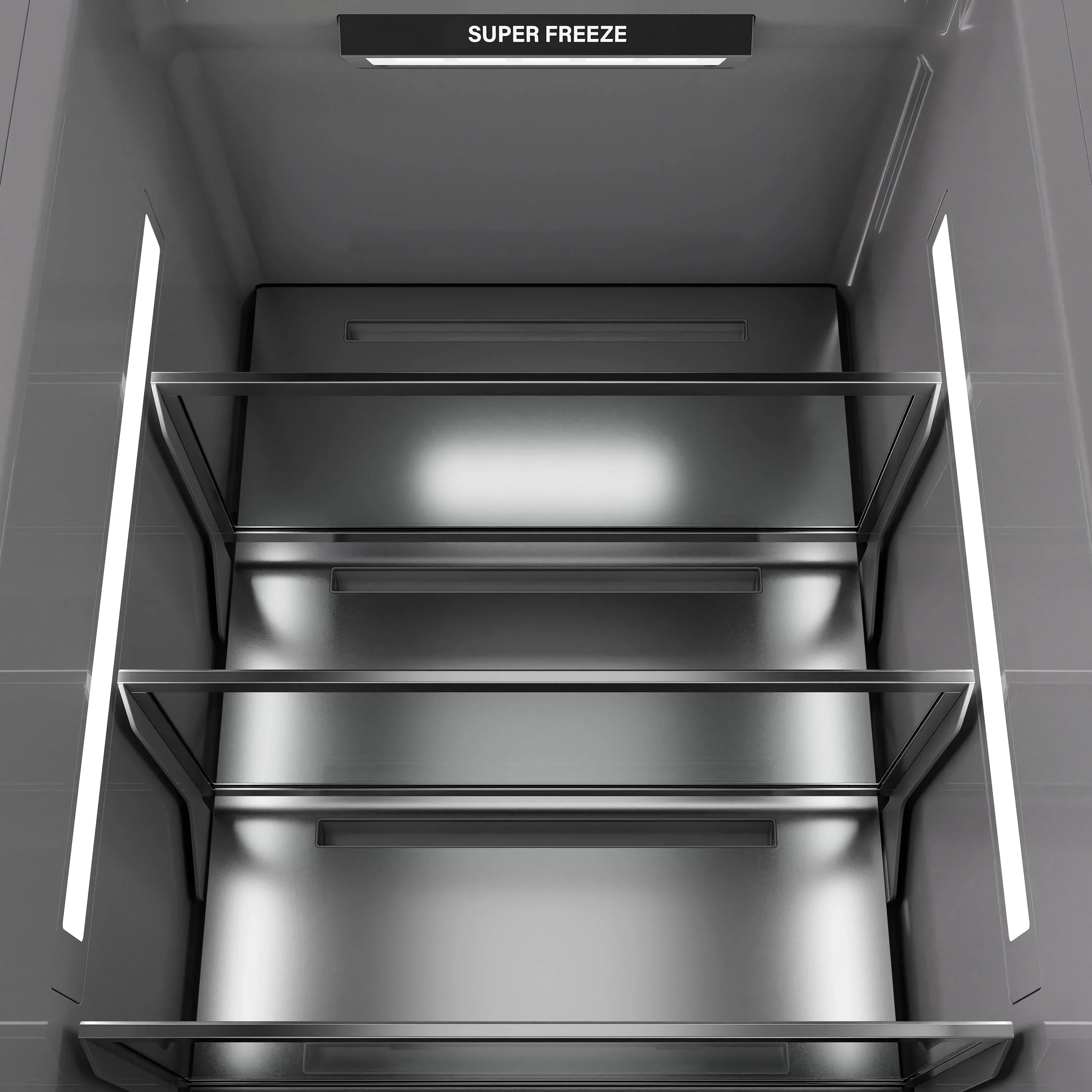 Panel-ready freezer compartment with stacked shelves and bins, stainless interior