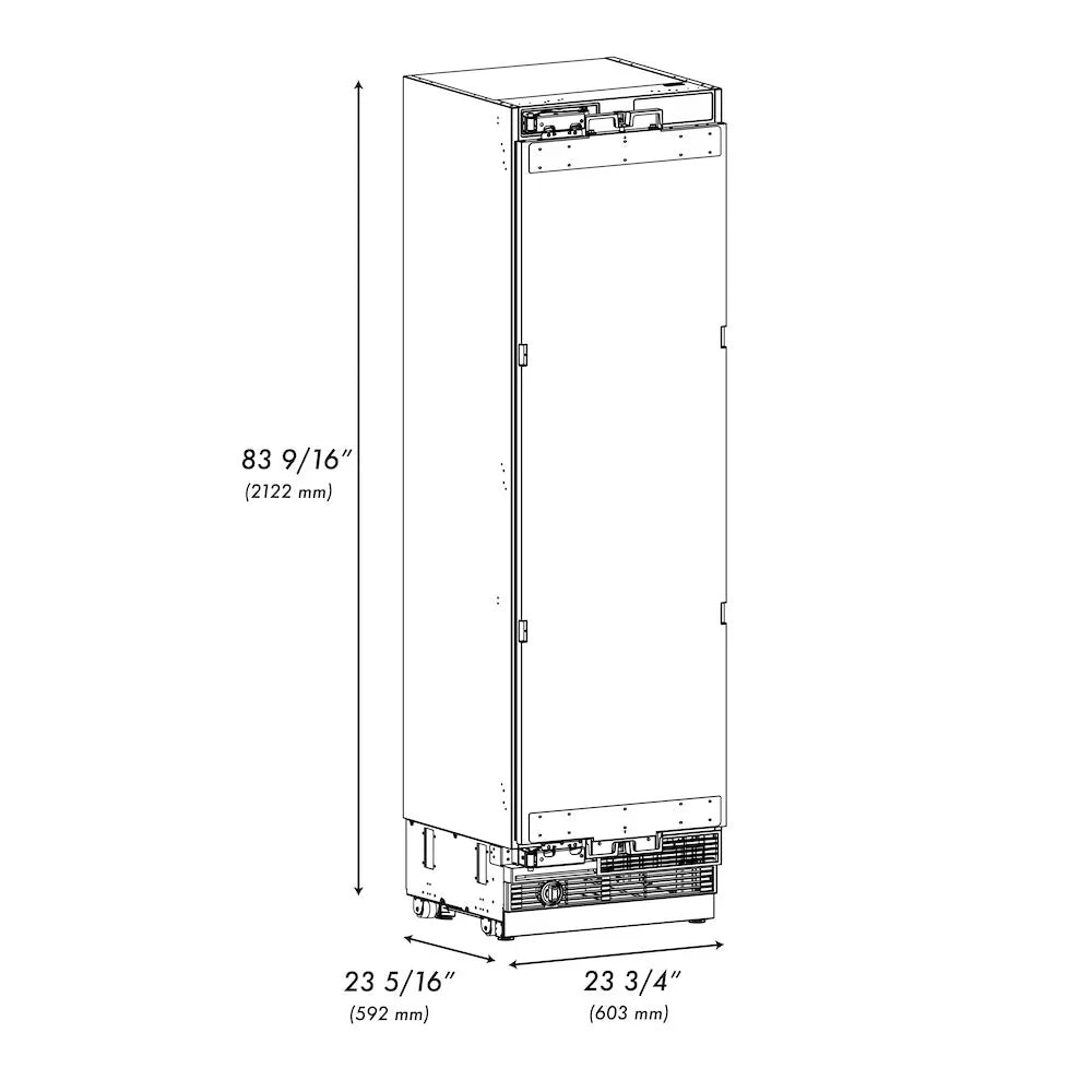 Refrigerator/freezer unit dimensions diagram with height, width, and mm labels