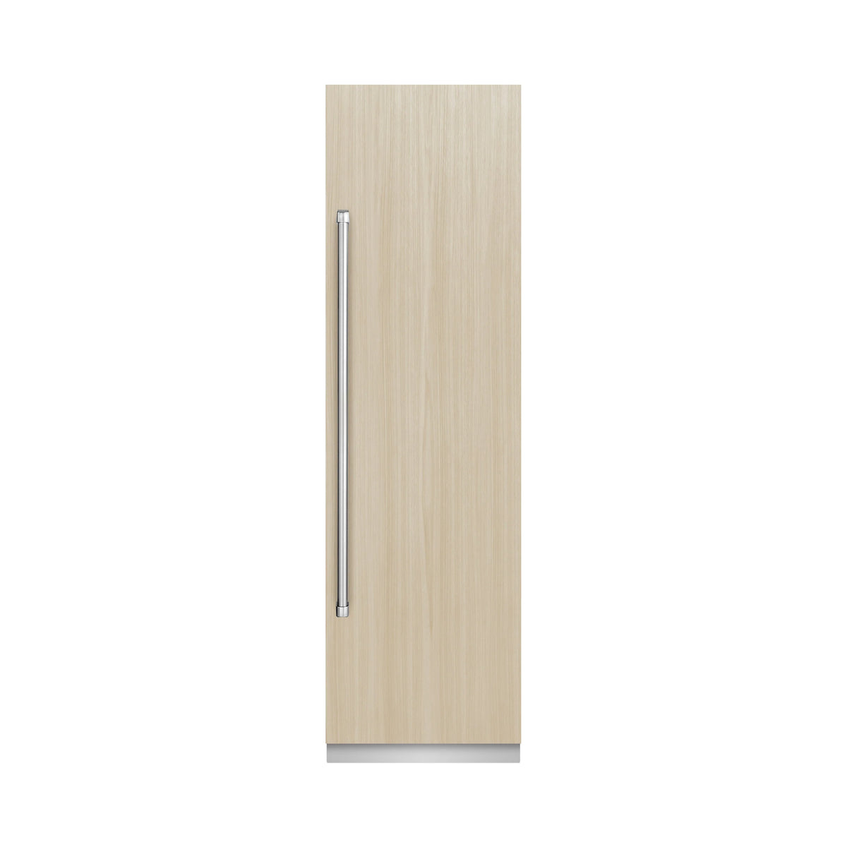 Panel-ready column refrigerator with light wood panel and vertical metal handle
