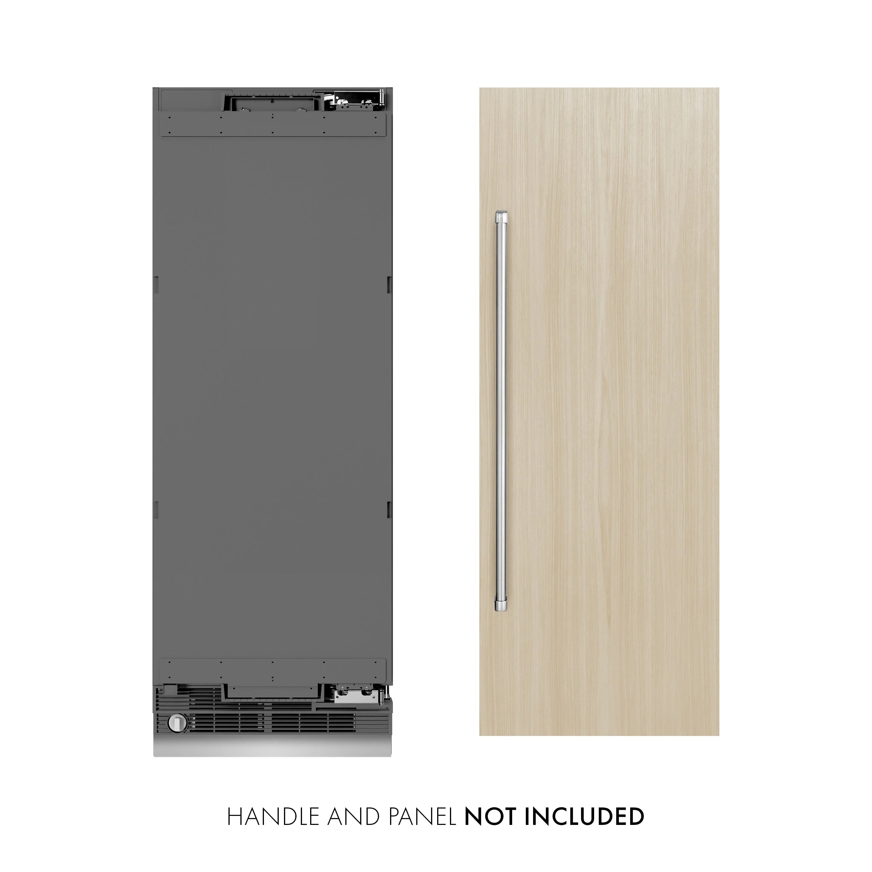 Panel-ready column refrigerator with light wood-look door panel and handle cutout
