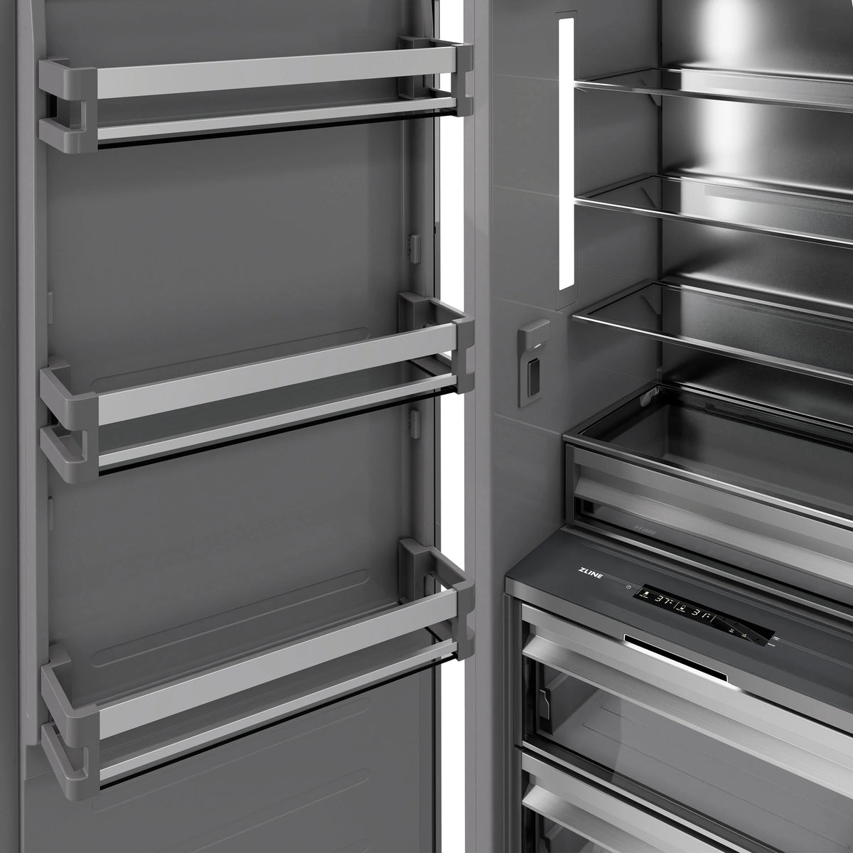 Panel-ready column refrigerator interior with adjustable shelves and side storage